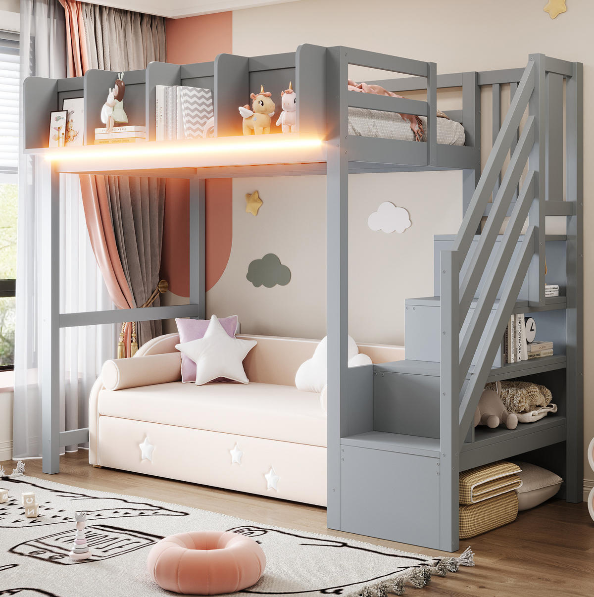 HOCHBETT 90/200 cm aus Holz mit Sicherheitsgitter und LED, Grau - Grau, Holz (90/200cm) - OKMYHOME