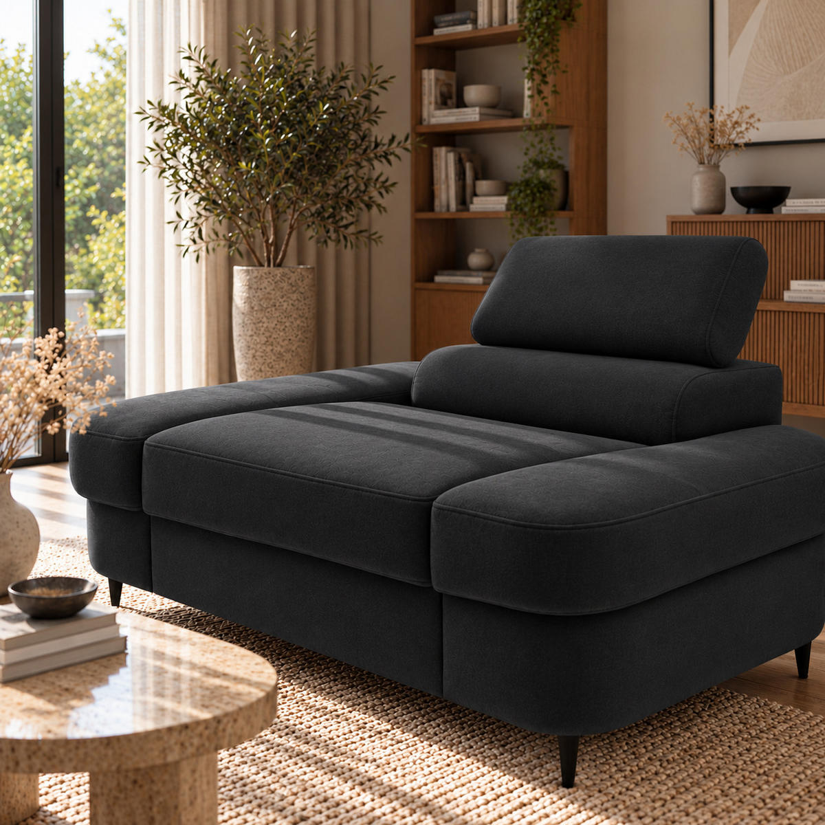SESSEL PRIAM mit verstellbare Kopfstütze Velours Anthrazit - Anthrazit/Schwarz, Holz/Textil (145/97/105cm) - Muffo