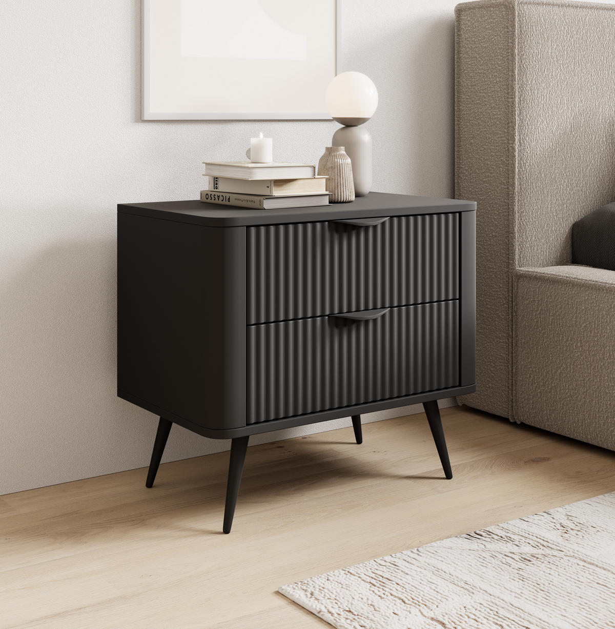 NACHTTISCH Vespasia 2S Schwarz 63,2/55,3/38 cm – Geriffelten Fronten - Schwarz, Holzwerkstoff/Metall (63.2/55.3/38cm) - AX Living