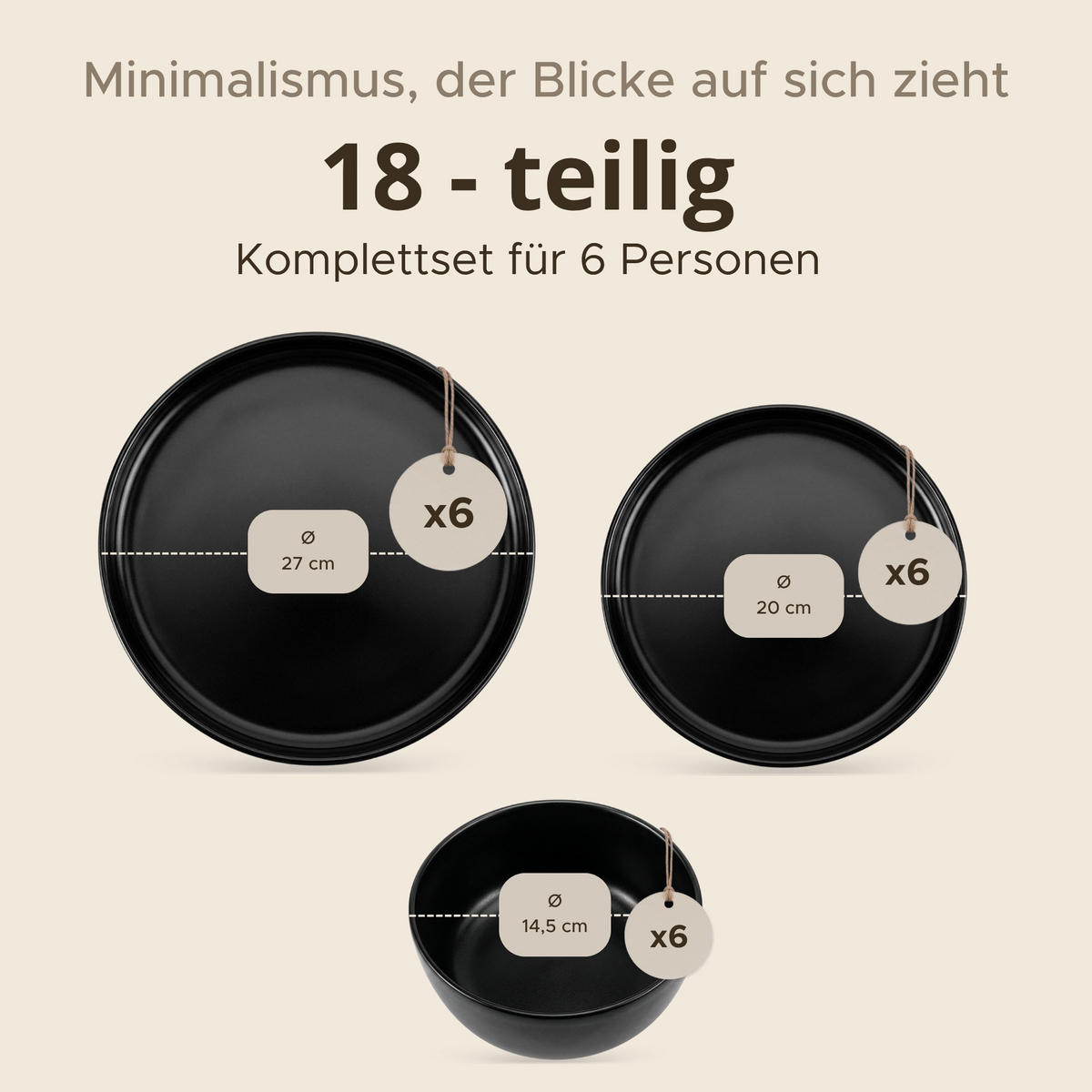 TAFELSERVICE VICTO Schüssel 6 Personen 18-tlg - Schwarz, Keramik (27/2/27cm) - KONSIMO®
