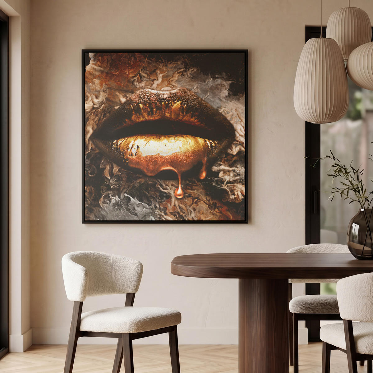 LEINWAND Bilder mit Rahmen - Gold - Lippen - Kunst - Gold - Luxus - Abstrakt - 90x90 - Kupferfarben, Textil (90/90cm) - MuchoWow