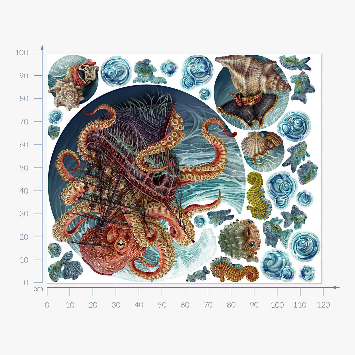 WANDAUFKLEBER 100x120cm - Die Unterwasserwelt des Oktopus - Multicolor, Kunststoff (100/120/0.1cm) - Wallfluent