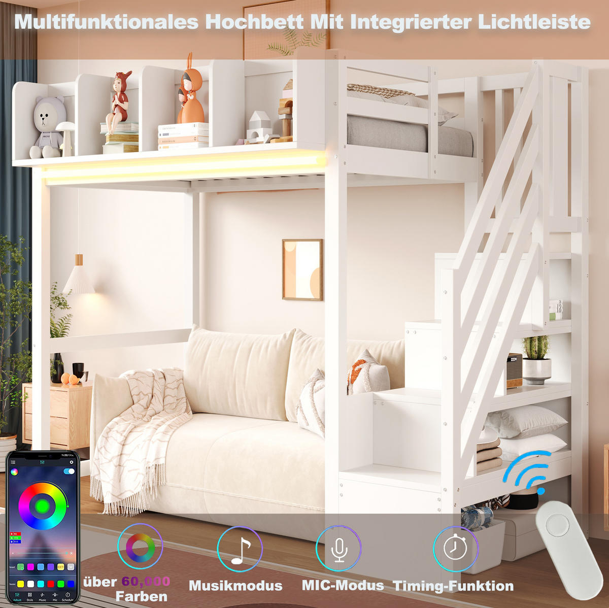 HOCHBETT 90/200 cm aus Kiefer und Holzwerkstoff mit LED-Beleuchtung und Stauraum Weiß - Weiß, Holz (90/200cm) - Modenvie