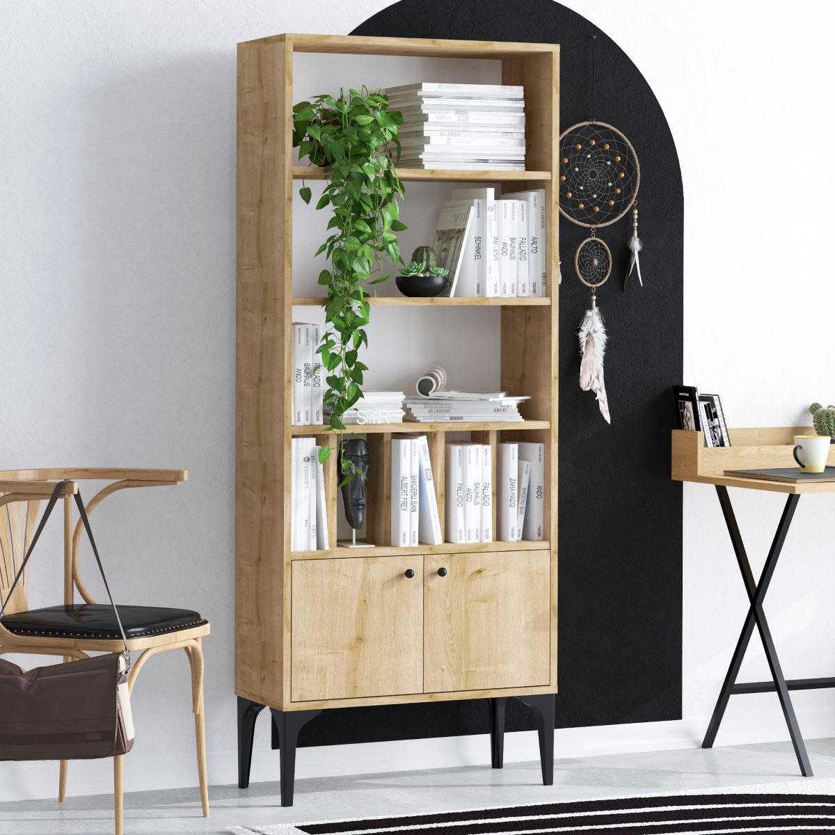REGAL Bücherregal 8 Regale 2 Türen Eiche Saphir Dekor H175 cm - Pollux - Apfelbaumfarben, Holzwerkstoff (30/175/60cm) - Calicosy