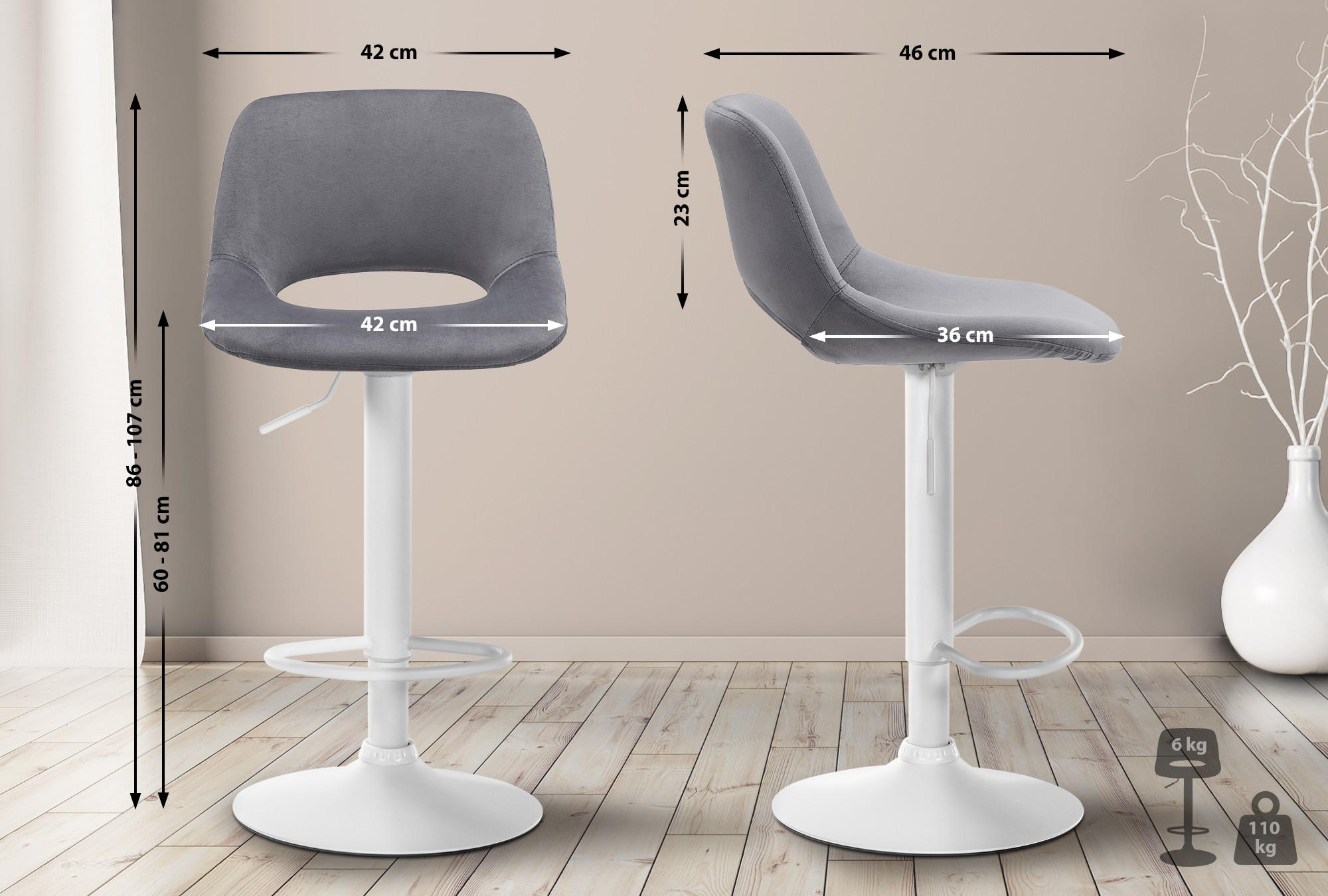 BARHOCKER JAKSON Dunkelgrau Samt Weiß - Dunkelgrau, Textil/Metall (42/86/46cm) - DELUKE
