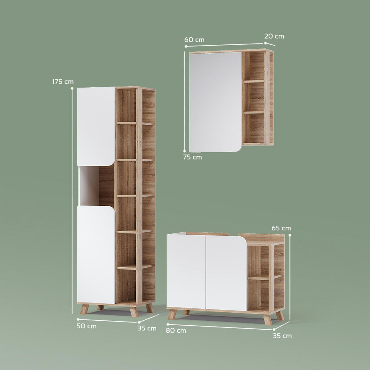 KOMPLET KOPALNIŠKEGA POHIŠTVA Marano, Sonoma/Bela, 3-delni - bela/hrast sonoma, leseni material (80/65/35cm) - Livinity®