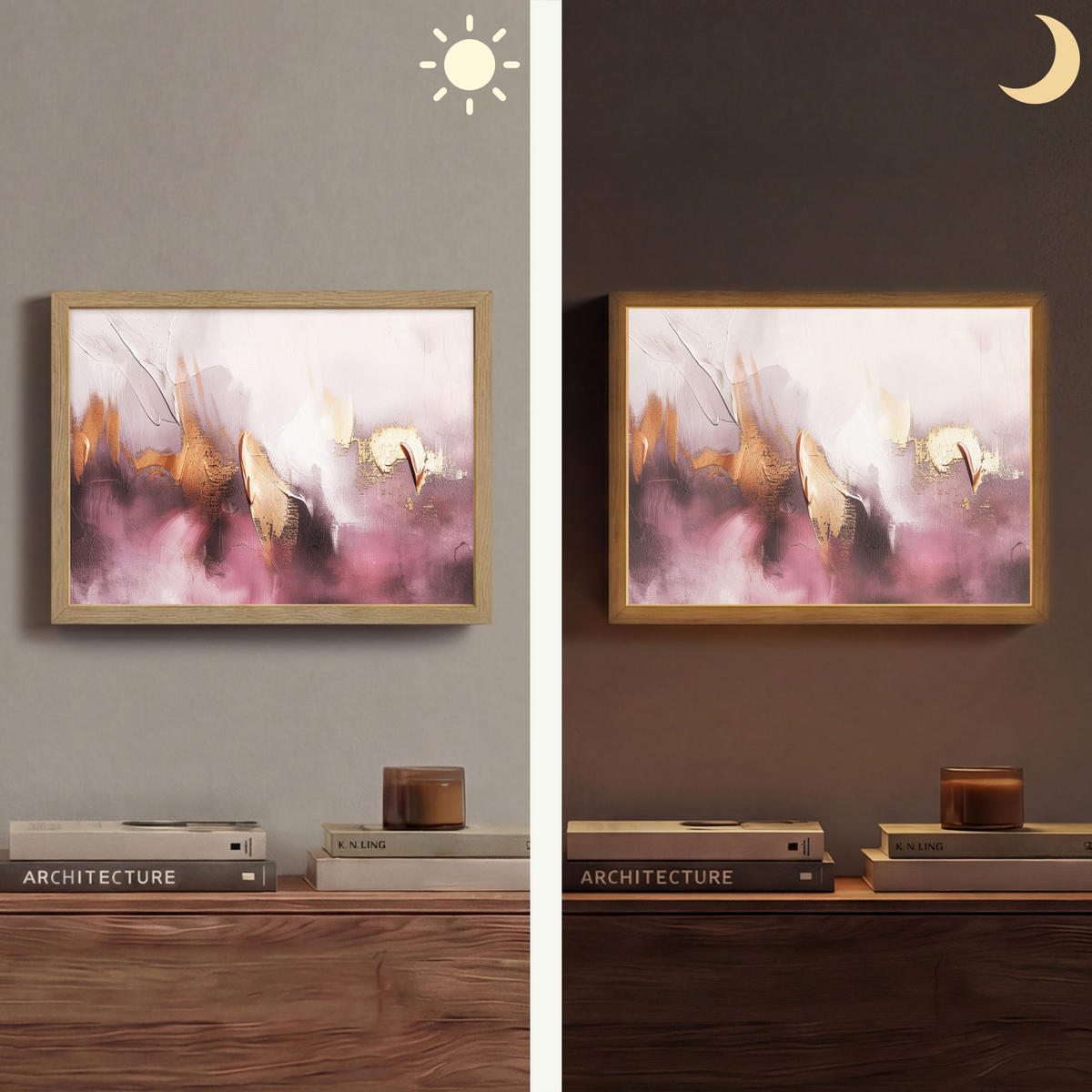 NÁSTĚNNÁ LAMPA S AKUMULÁTOREM Fialová - abstraktní - barva - zlatá 40x30 cm - světle fialová, kompozitní dřevo (40/30/8cm) - OnlyWow