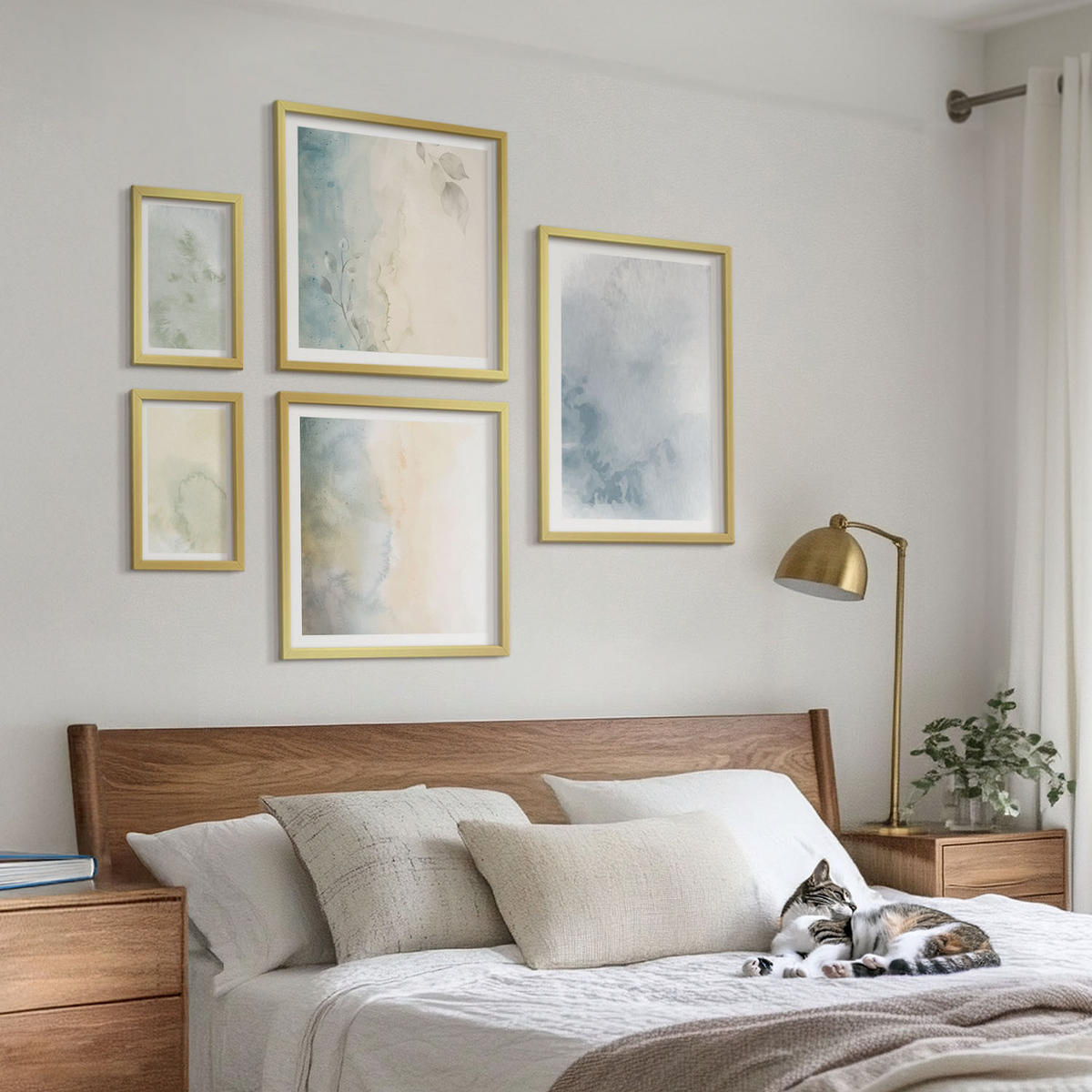BILDER SET 5er Set - 50x50 cm & 20x30 cm & 40x60 cm Goldrahmen - Pastellfarbene Aquarell-Leinwandtextur - Goldfarben, Kunststoff (40/60cm) - TULUP