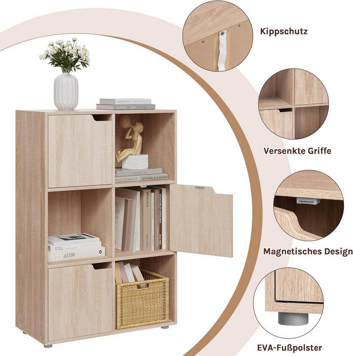 REGALE Bücherregal mit 3 Türen, 6 Fächer, Eiche - Eichefarben/Grau, Holzwerkstoff/Kunststoff (59.6/91/29cm) - Woltu
