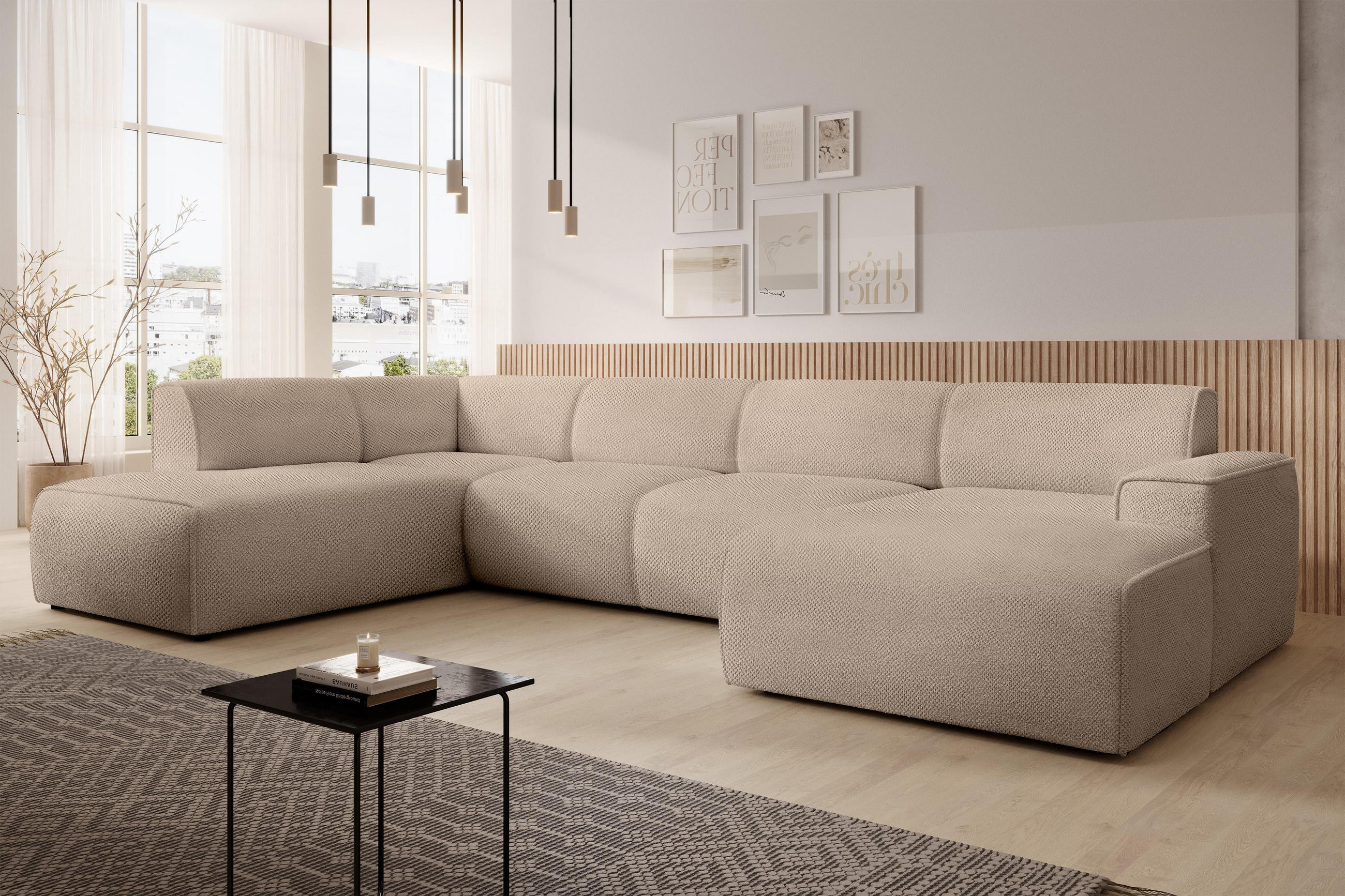 WOHNLANDSCHAFT Didim Beige 378/220/78 cm – großes Sofa stilvoll & bequem L - Beige/Schwarz, Kunststoff/Textil (220/78/378cm) - AX Living