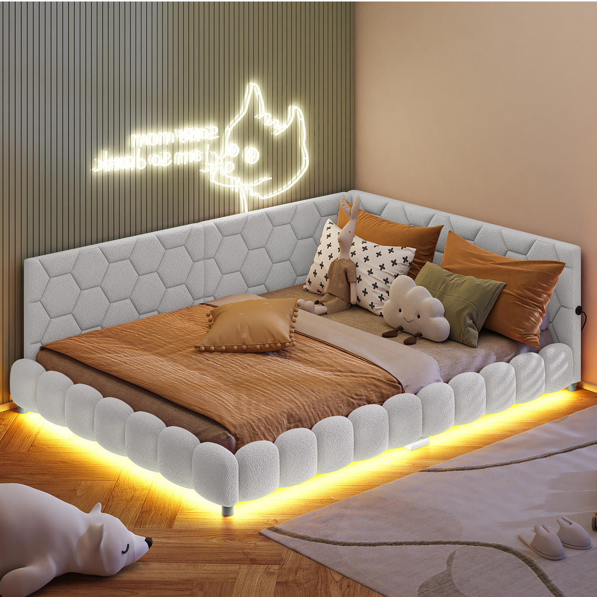 POLSTERBETT 140x200 cm aus Lammwolle, umlaufende RGB-LED, USB-Anschluss, in Weiß - Weiß, Holz (140/200cm) - BRILVERDE