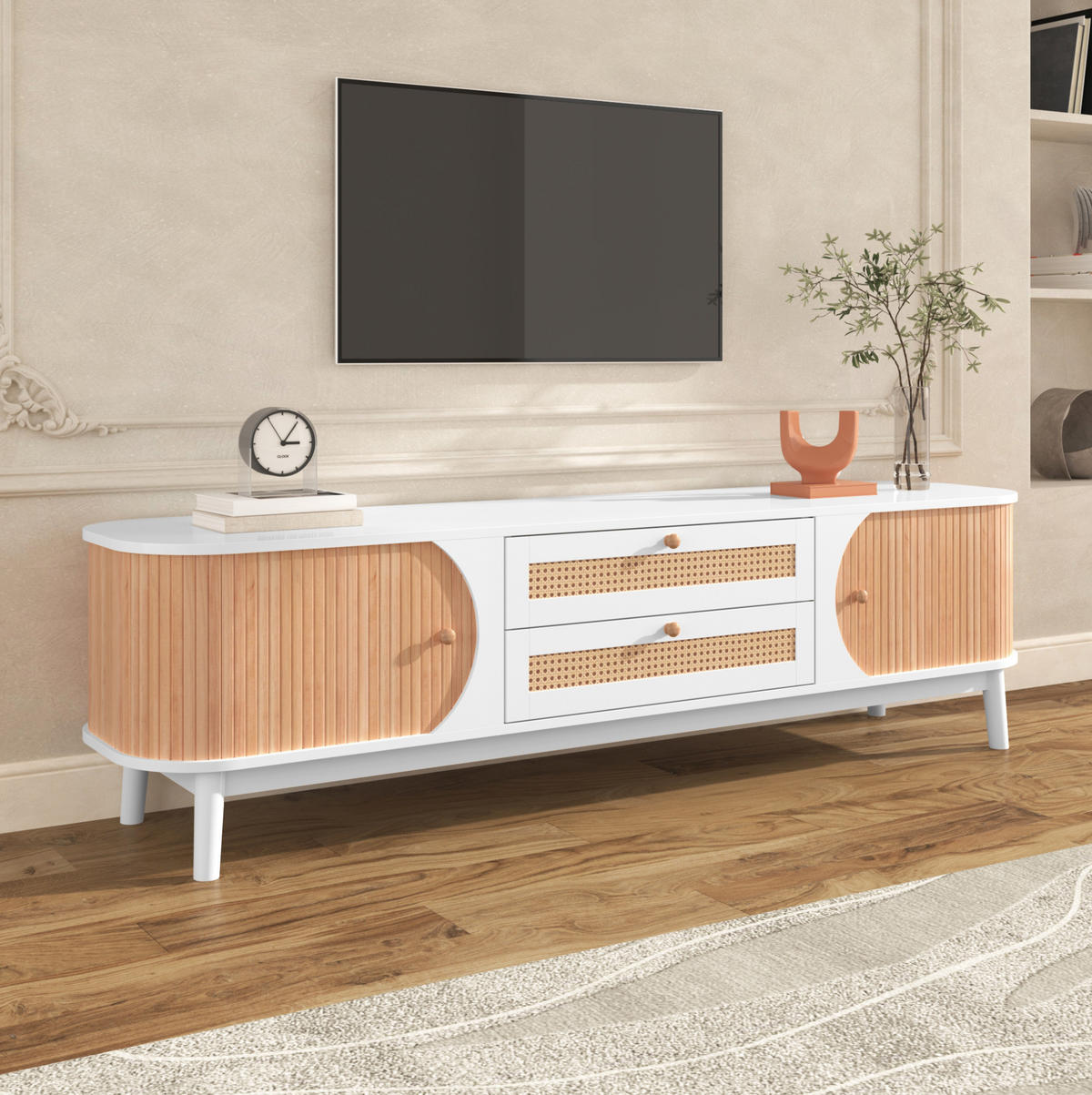 LOWBOARD 170/39.5/46 cm Weiß aus MDF mit Rattanfronten und Türen - Weiß, Holzwerkstoff (39.5/46/170cm) - OKMYHOME