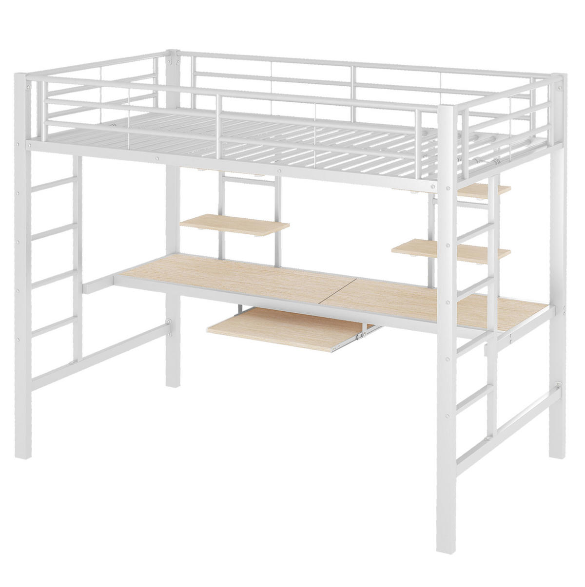 HOCHBETT aus Metall 90x200 cm Weiß mit Schreibtisch, 2 Regalen und Leiter, platzsparend - Weiß, Metall (90/200cm) - Modfu