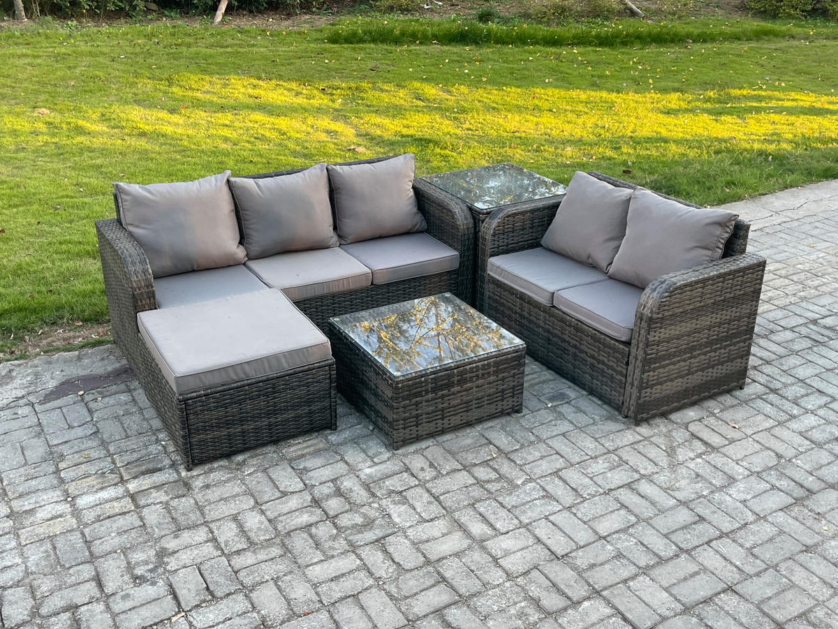 GARTENSOFA SET mit Couchtisch Polyrattan Dunkelgrau 5-teilige - Dunkelgrau/Grau, Glas/Kunststoff - Fimous