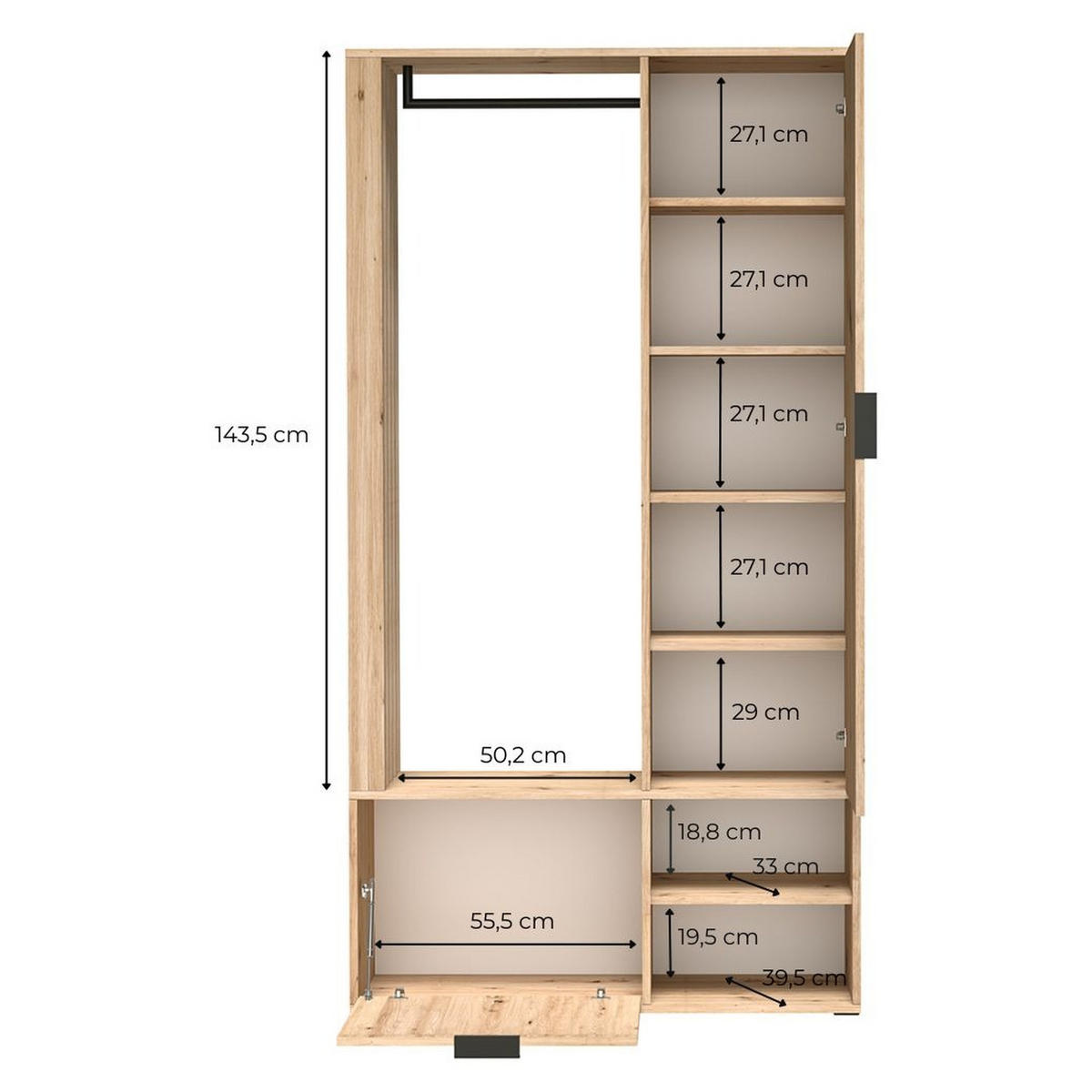 GARDEROBE Milo 100 x 189,4 x 33 cm Eiche Artisan - Eiche Artisan, Holzwerkstoff/Metall (100/189.4/33cm) - Koseto