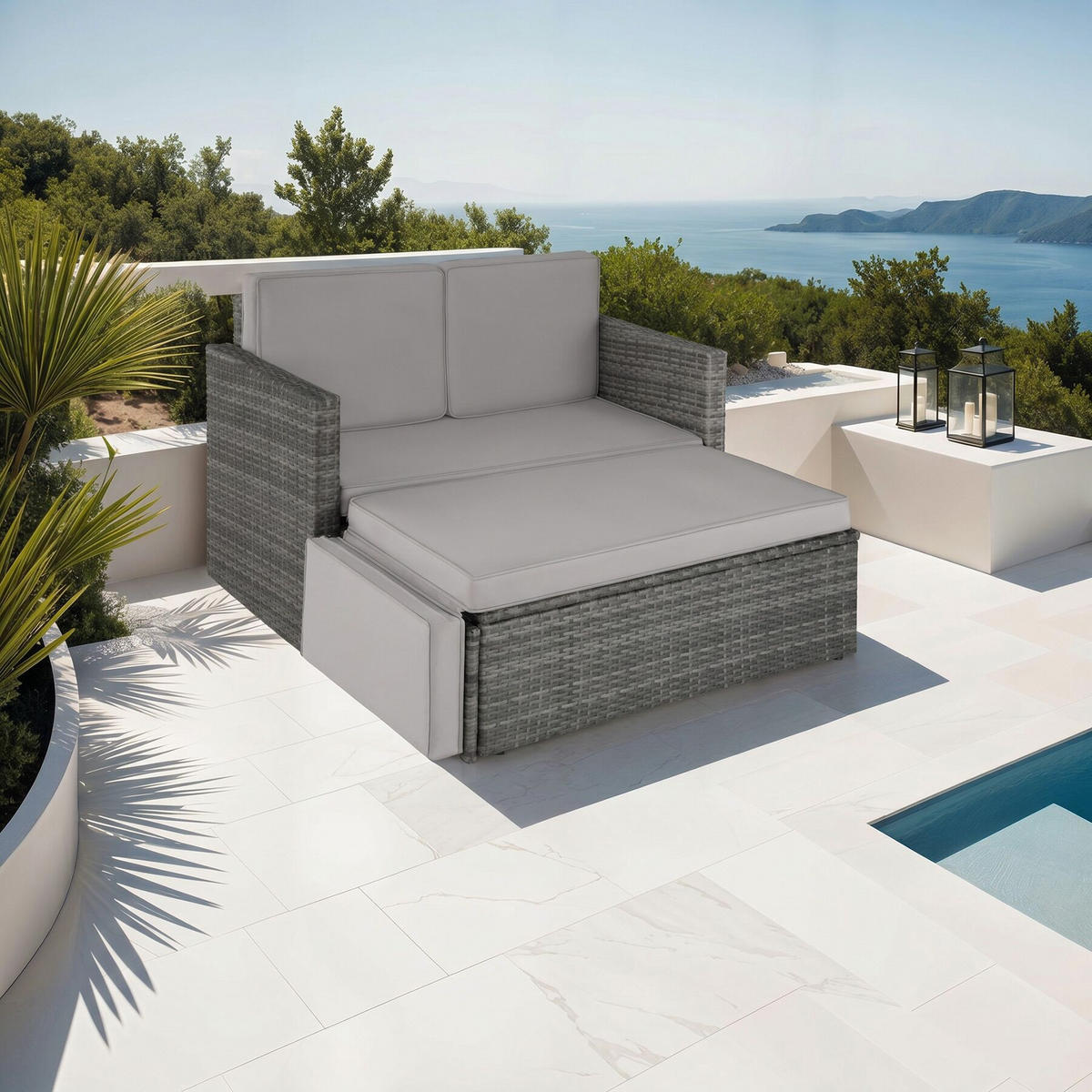 RATTANLOUNGE Korfu mit Sofa & Hocker, UV-beständig, Wasserabweisende Kissen, Grau, Sofa 119 x 64,5 x 71,5 cm - Grau, Kunststoff - tectake