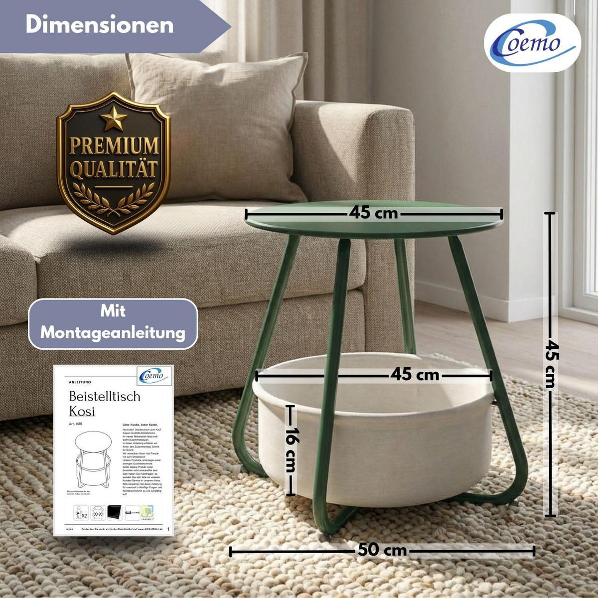 COUCHTISCH KOSI Metall mit Aufbewahrungskorb Canvas Grün - Grün, Metall (50/50/45cm) - Coemo