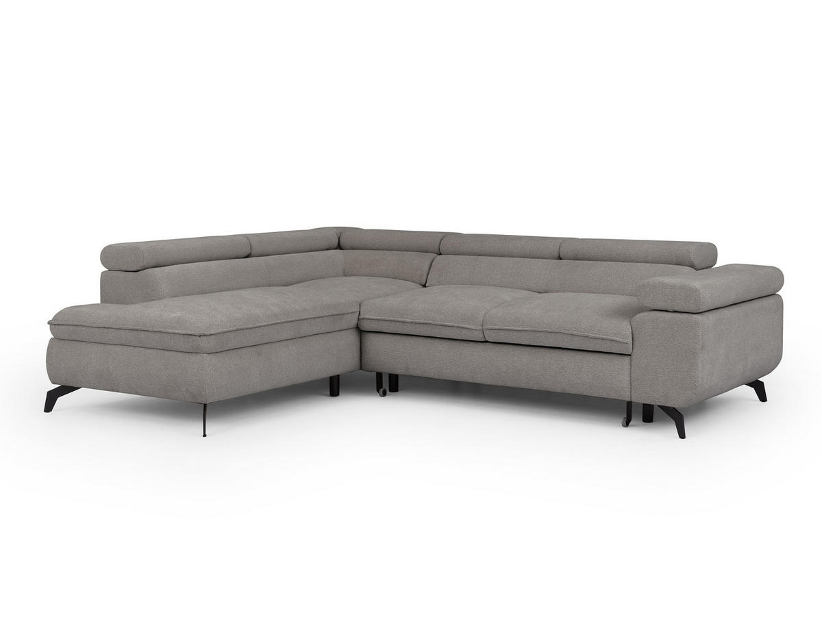 ECKSOFA mit Schlaffunktion und Bettkasten Bonnie aus Hellgrau Chenille-Stoff mit verstellbaren Kopfstützen und Armlehne - Ottomane links - Hellgrau/Schwarz, Holz/Textil (275/210cm) - S-Style Möbel