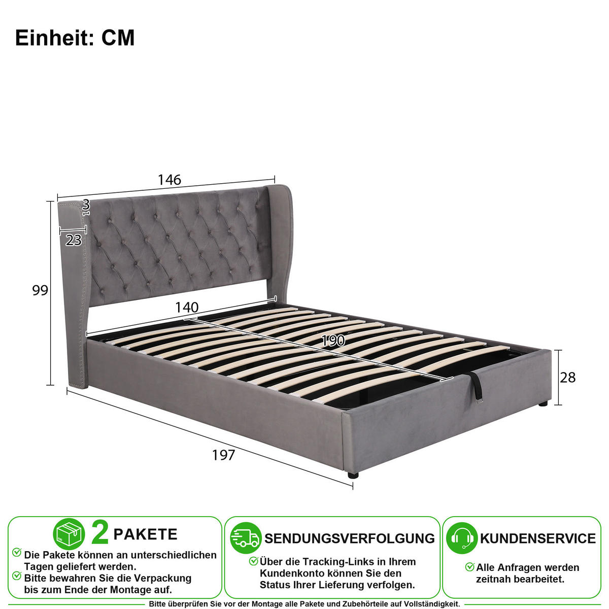 POLSTERBETT 140/190 cm in Grau Samt mit Bettkasten und Lattenrost - Grau, Holzwerkstoff/Textil (140/190cm) - CHICFURN