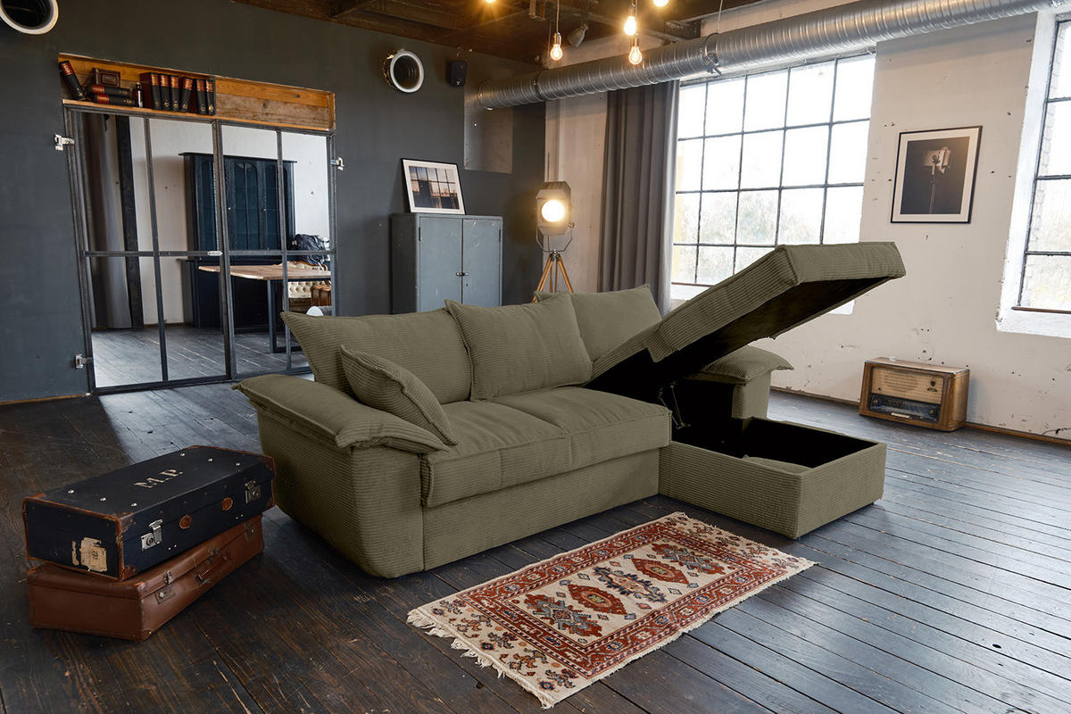 ECKSOFA DAMETO Grün Cord - Schwarz/Olivgrün, Kunststoff/Textil (266/174cm) - KAWOLA