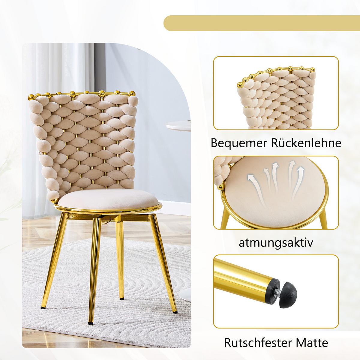 STUHL-SET DE-36805 2 Stück mit geflochtener Rückenlehne Beige - Beige, Metall (50.8/87.63/53cm) - ComfortXL