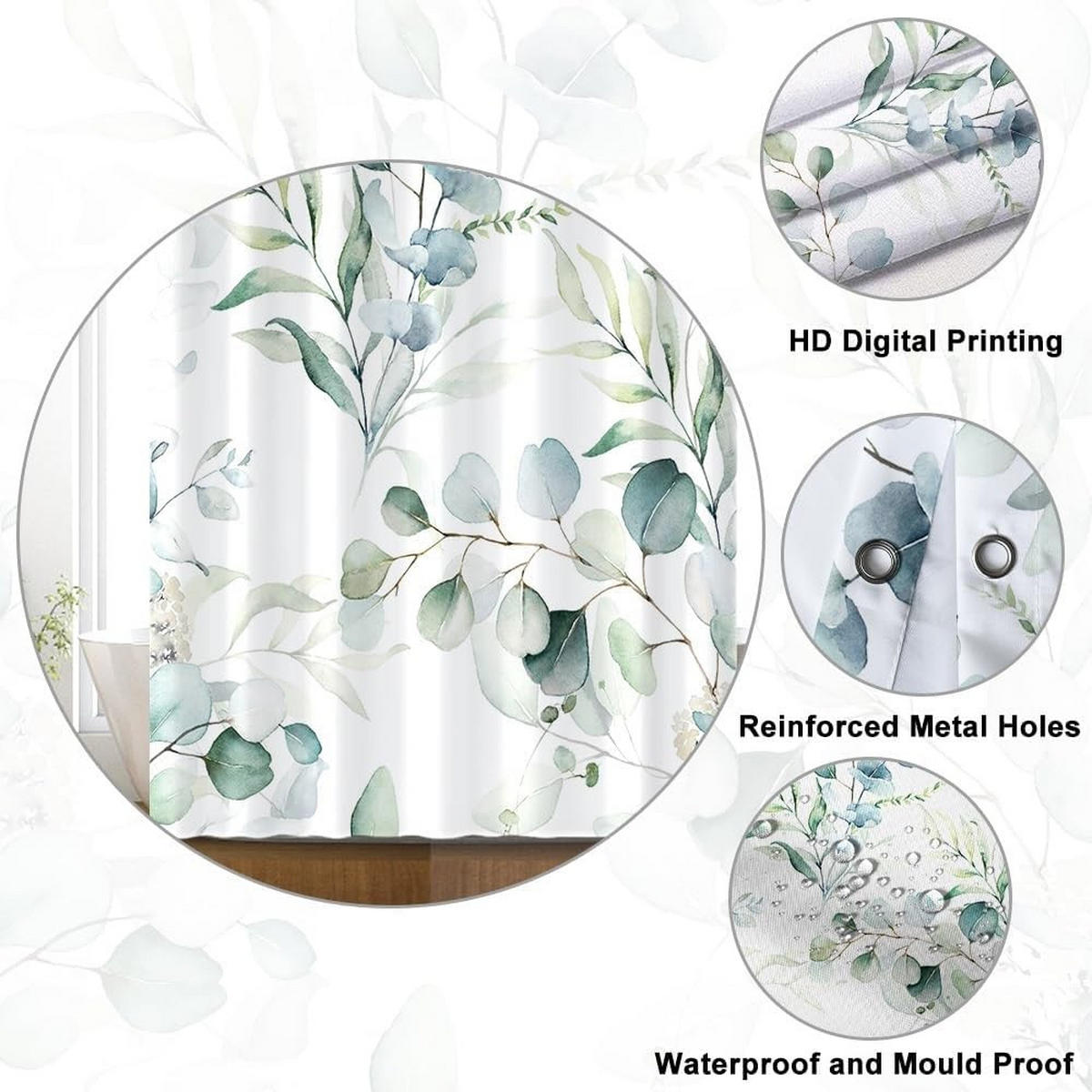 DUSCHVORHANG schimmelresistent Grün Blätter Blumen Weiß Badewanne Stoff waschbar wasserdicht - Grün, Textil (180/200cm) - MCBOSON