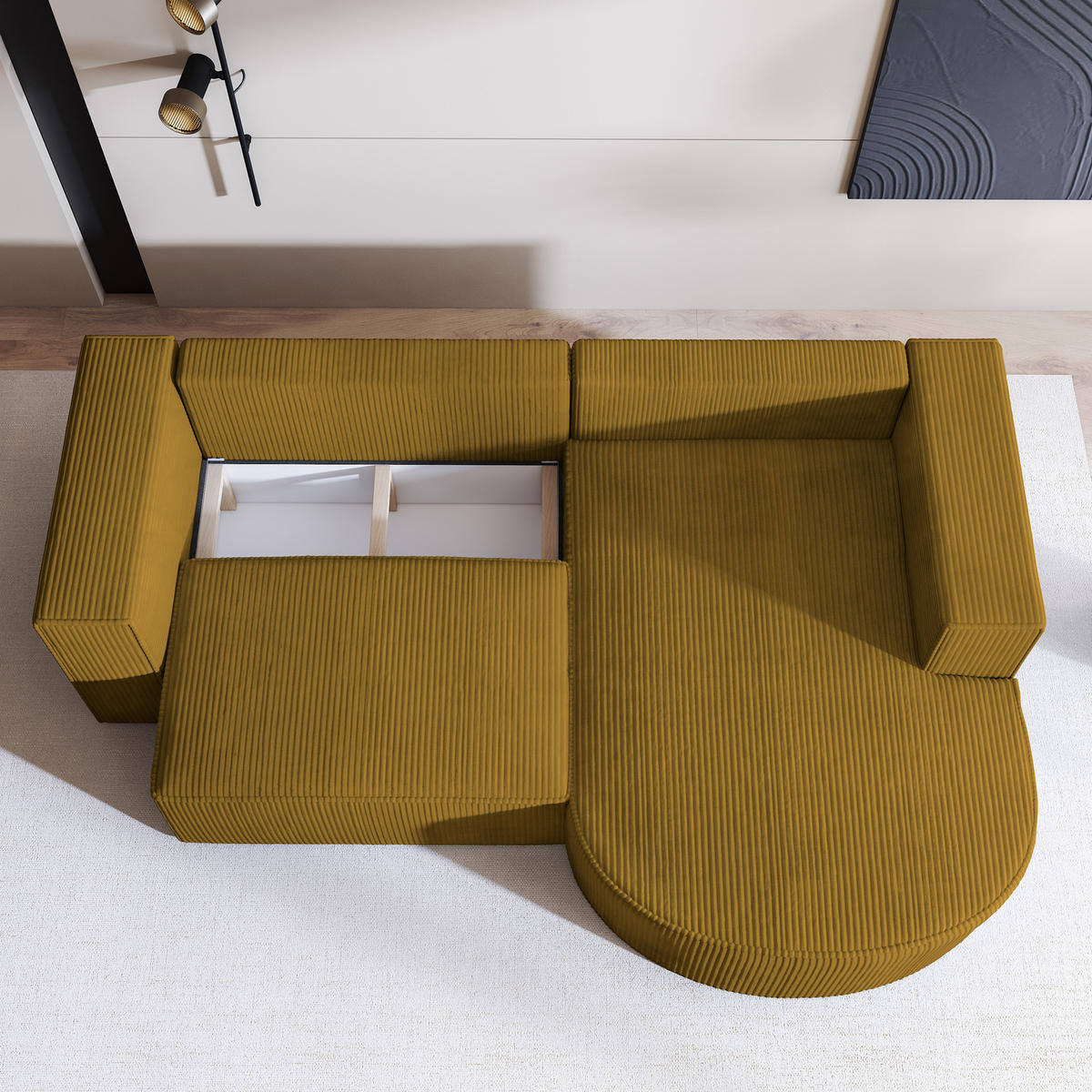 ECKSOFA SORELA P R-S Gelb Kordstoff mit Schlaffunktion - Gelb, Holz (263/174cm) - MASSENO