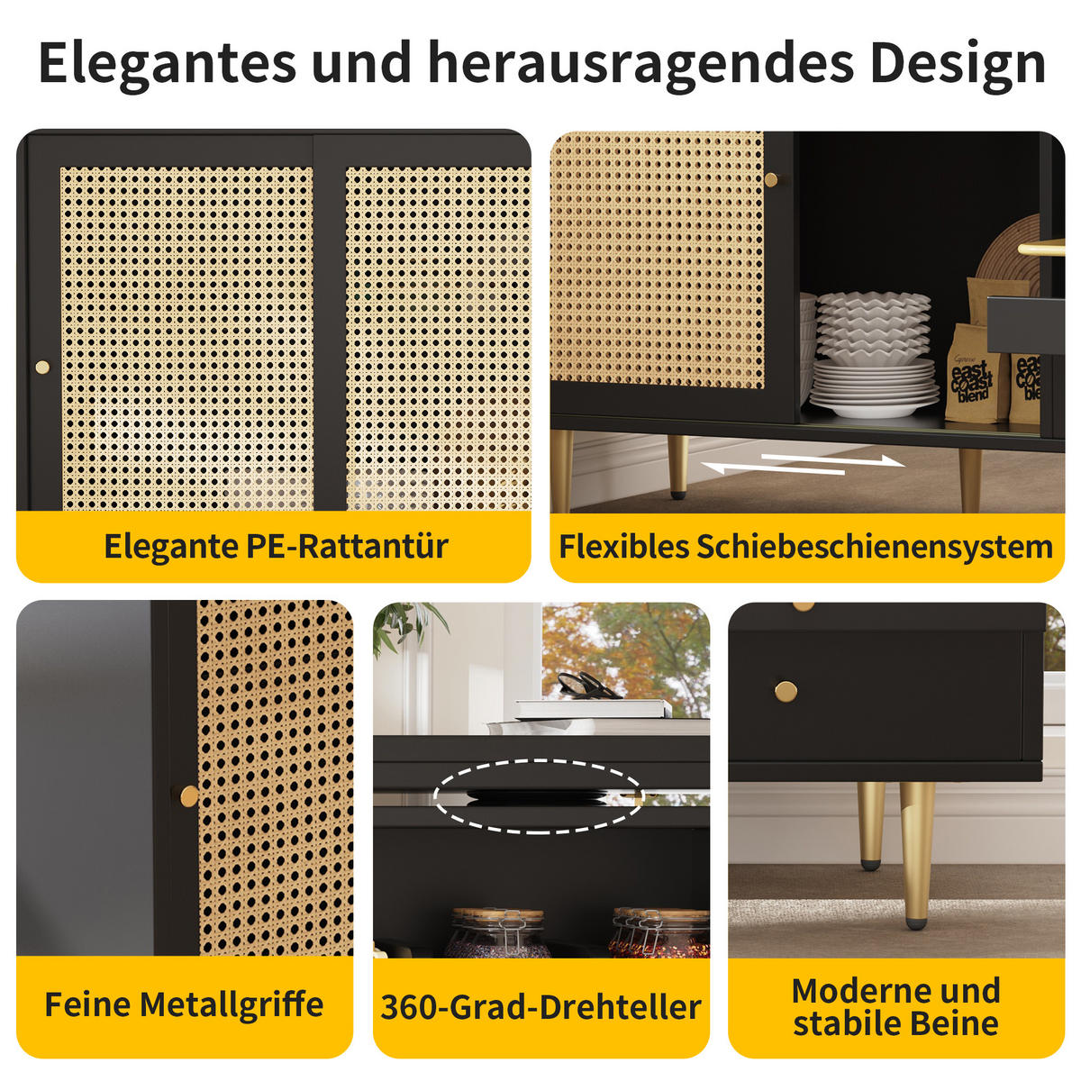 SCHREIBTISCHKOMBINATION mit Rattan-Türen, 187/40/76cm - Schwarz, Holzwerkstoff (187/40/76cm) - Urban Meuble