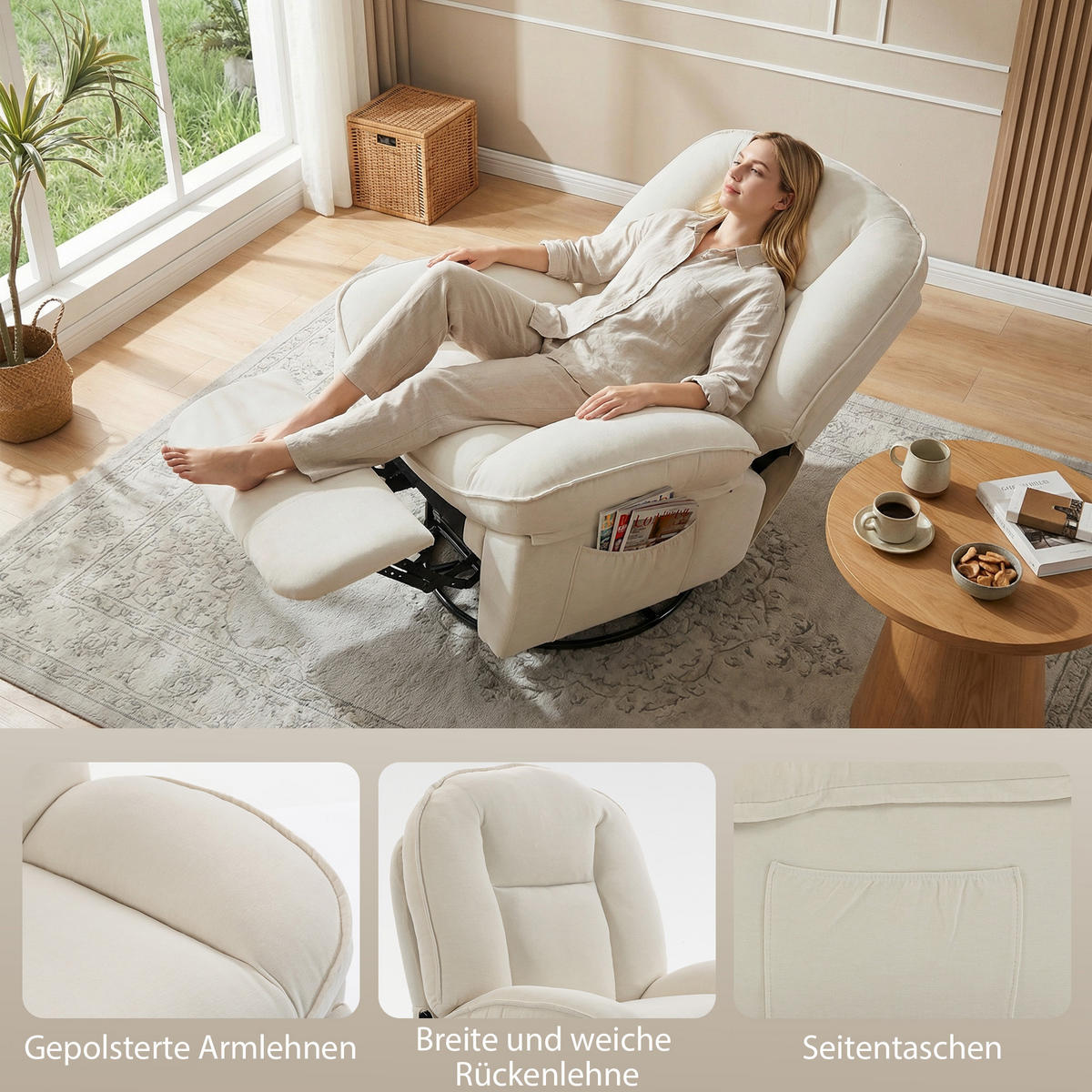 RELAXSESSEL Polyester Schaumstoff Cremeweiß - Creme/Schwarz, Holzwerkstoff/Textil (91/104/93cm) - HOMCOM