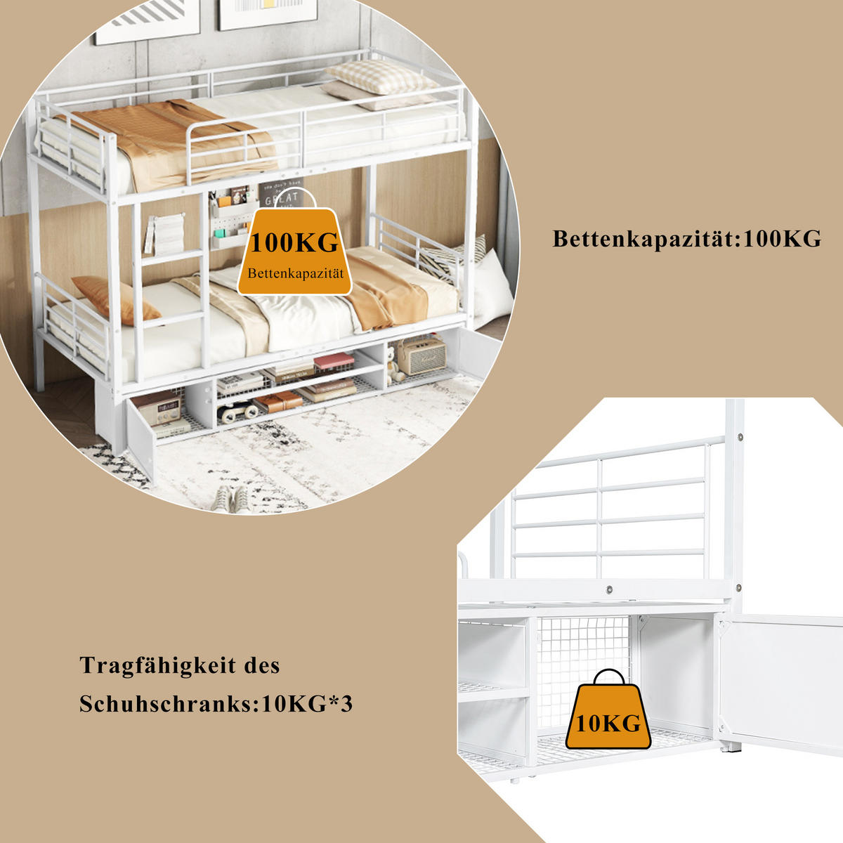 ETAGENBETT 90x200cm mit kleiner lagerschrank in Weiß - Weiß, Metall (90/200cm) - KOMHTOM
