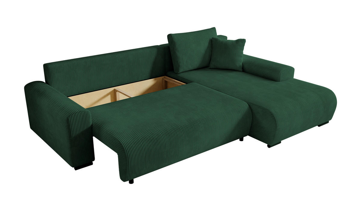 ECKSOFA Nelly mit Bettkasten und Schlaffunktion, Cordstoff in L-Form - Grün, Textil (270/185cm)