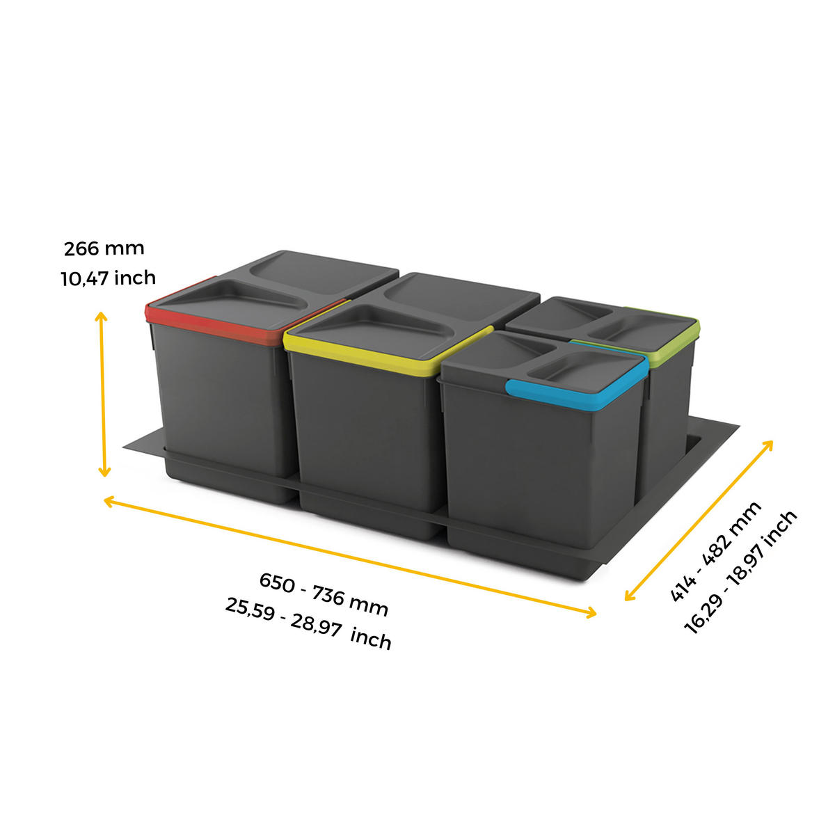 RECYCLINGBEHÄLTER für Küchenschublade mit Boden, Höhe 266mm, 2x15Liter, 2x7Liter, Modul 800mm, Kunststoff, Anthrazitgrau - Anthrazit, Kunststoff (53/30/76cm) - EMUCA