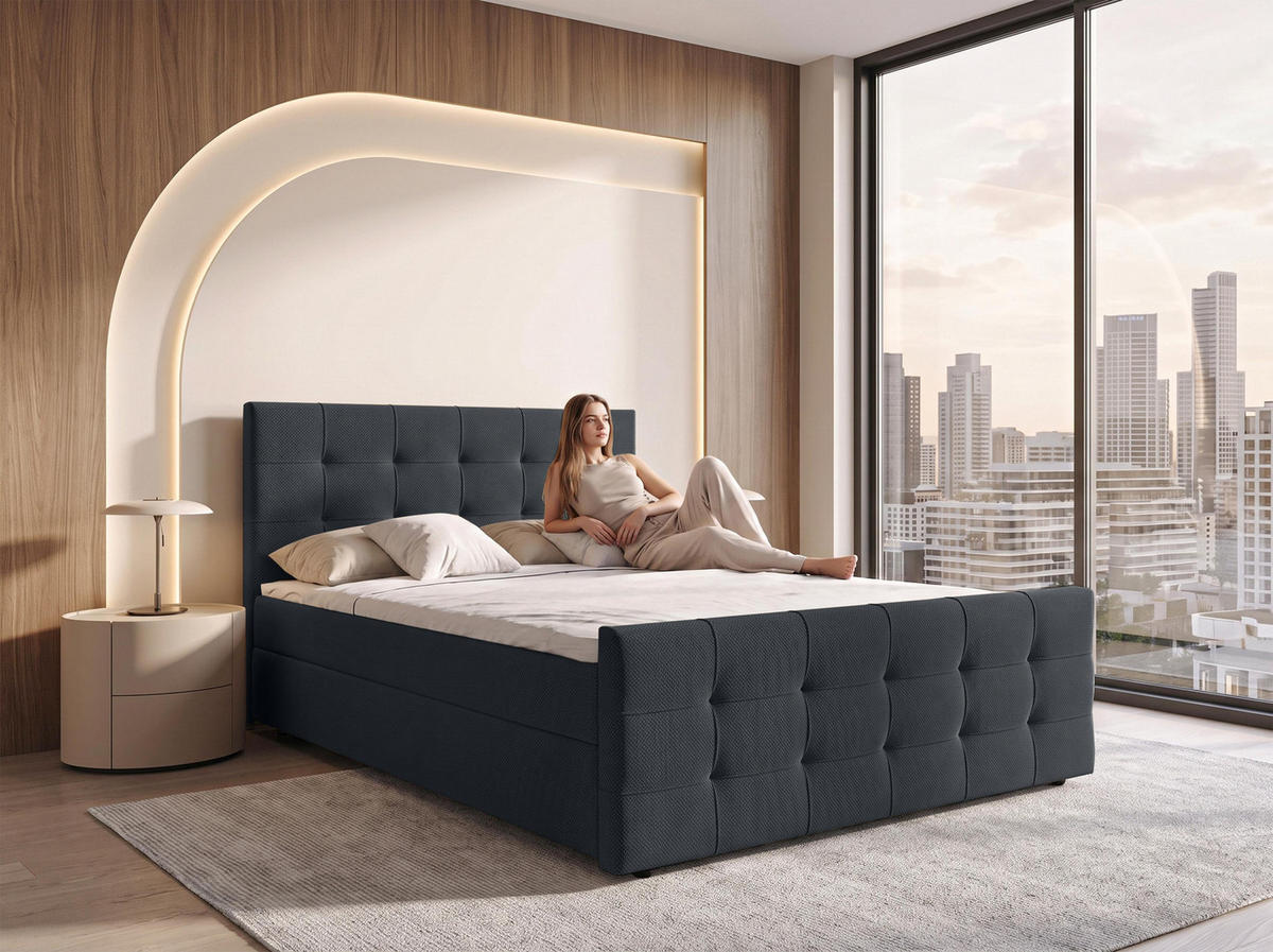 BOXBETT DEFNE 160x200 cm mit Fußteil und Matratze - Schwarz + TOPPER - Schwarz, Holz/Holzwerkstoff (160/200cm) - AX Living