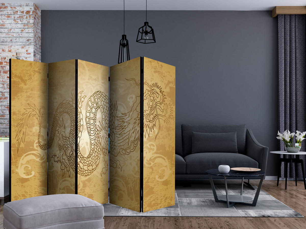 PARAVÁN Akustický 5-Dielny 225x172 cm Drak a Ornamenty - žltá, drevo/textil (225/172/3cm) - Muralo