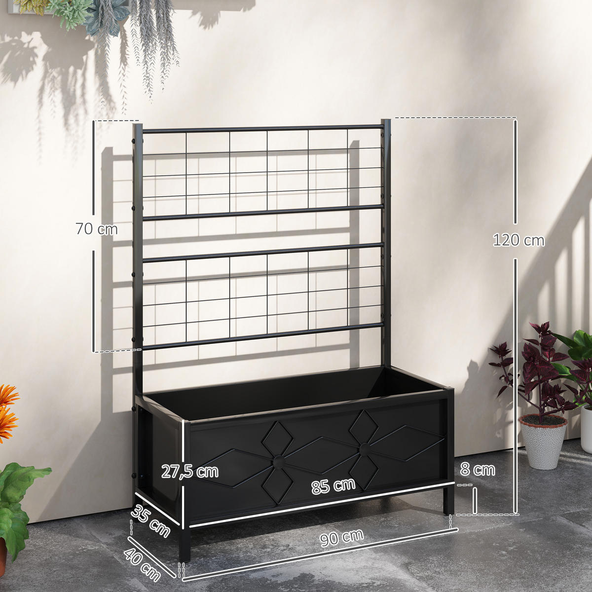 HOCHBEET DE-12188 mit Rankgitter 90/40/120 cm, Rautenmuster Schwarz - Schwarz, Metall (90/120/40cm) - ComfortXL