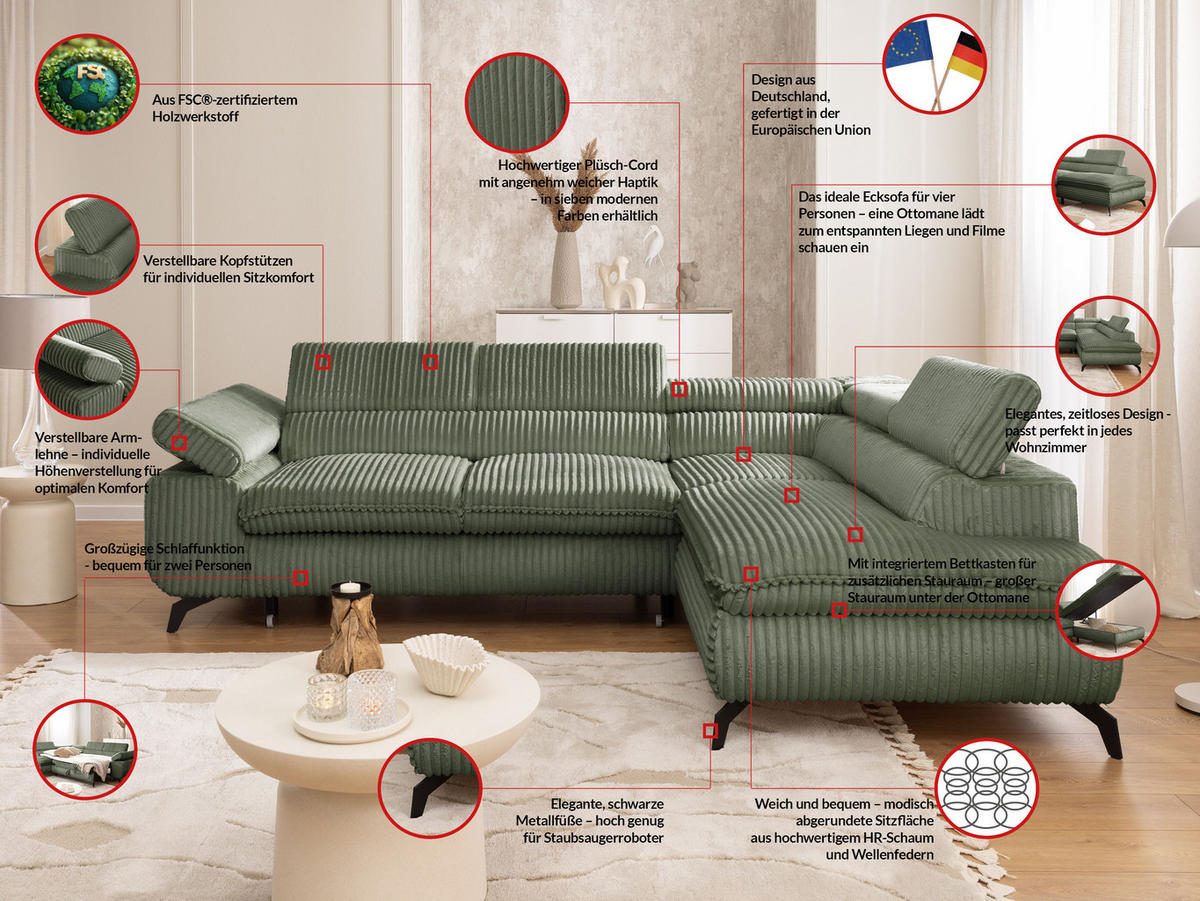 ECKSOFA mit Schlaffunktion und Bettkasten Bonnie aus Olive Cord-Stoff mit verstellbaren Kopfstützen und Armlehne - Ottomane rechts - Schwarz/Hellgrün, Holz/Textil (275/210cm) - S-Style Möbel