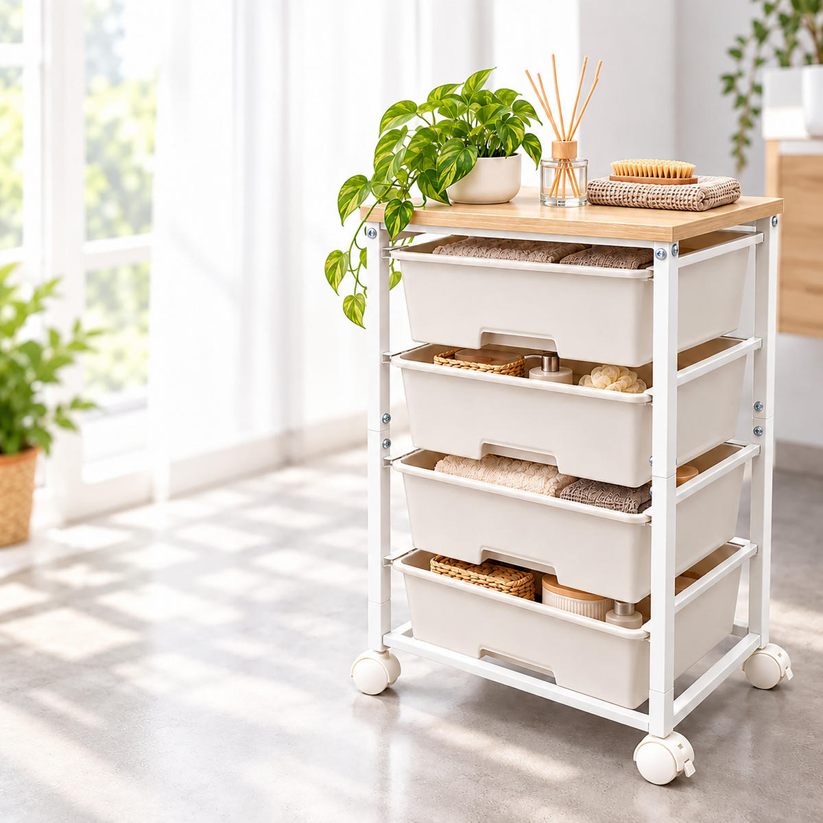 ROLLWAGEN Weiß 4 Kunststoffschubladen 77x39x29 cm - Weiß, Holzwerkstoff/Kunststoff (38.5/77/28.5cm) - Relaxdays