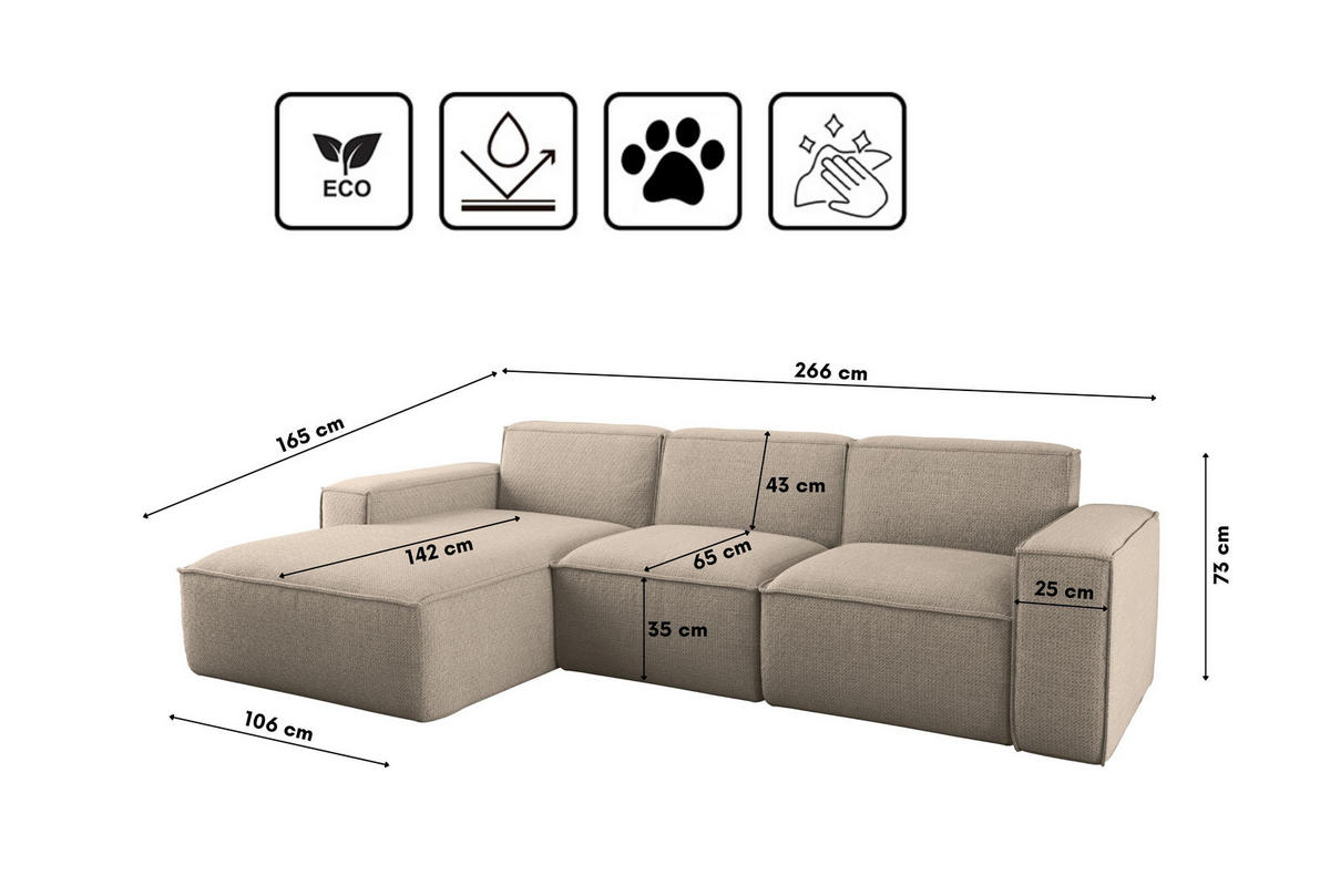 ECKSOFA L-Form Siena Stoff Artico Beige Links - Beige, Holz (165/266cm) - Kaiser Möbel