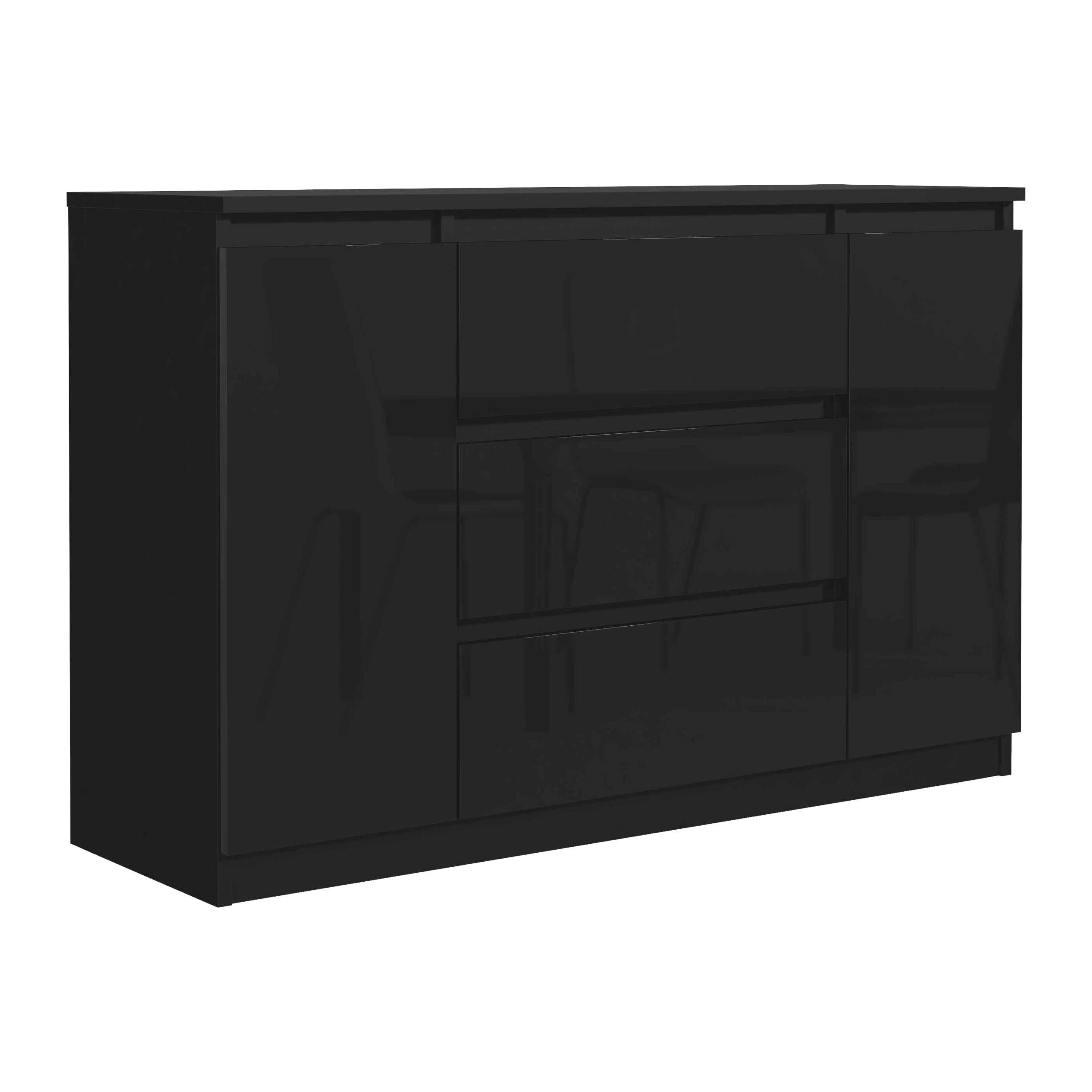 KOMMODE NUDO 120/78,5/39cm mit 3 Schubladen 2 Türen Schwarz - Schwarz Hochglanz/Schwarz, Holzwerkstoff (120/78.5/39cm) - MASSENO