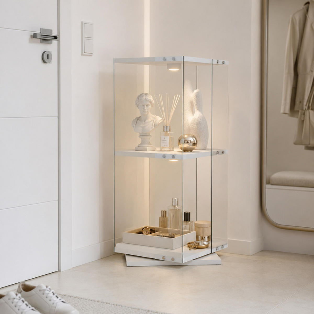 DREHVITRINE 360° Glasvitrine weiß mit RGB LED, 2 Etagen - Weiß, Glas (38/82/38cm) - SHOPENTRA