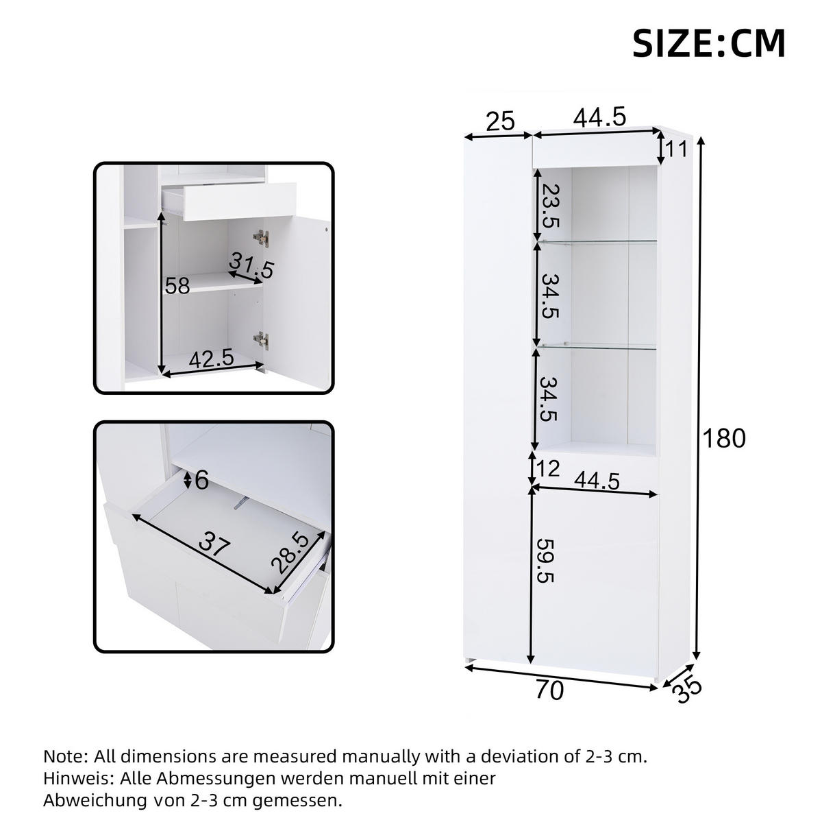 VITRINE aus Spanplatte 70x35x180 cm Weiß mit LED-Beleuchtung, Schublade und Hochglanzfront - Weiß, Holzwerkstoff (70/180/35cm) - Modfu