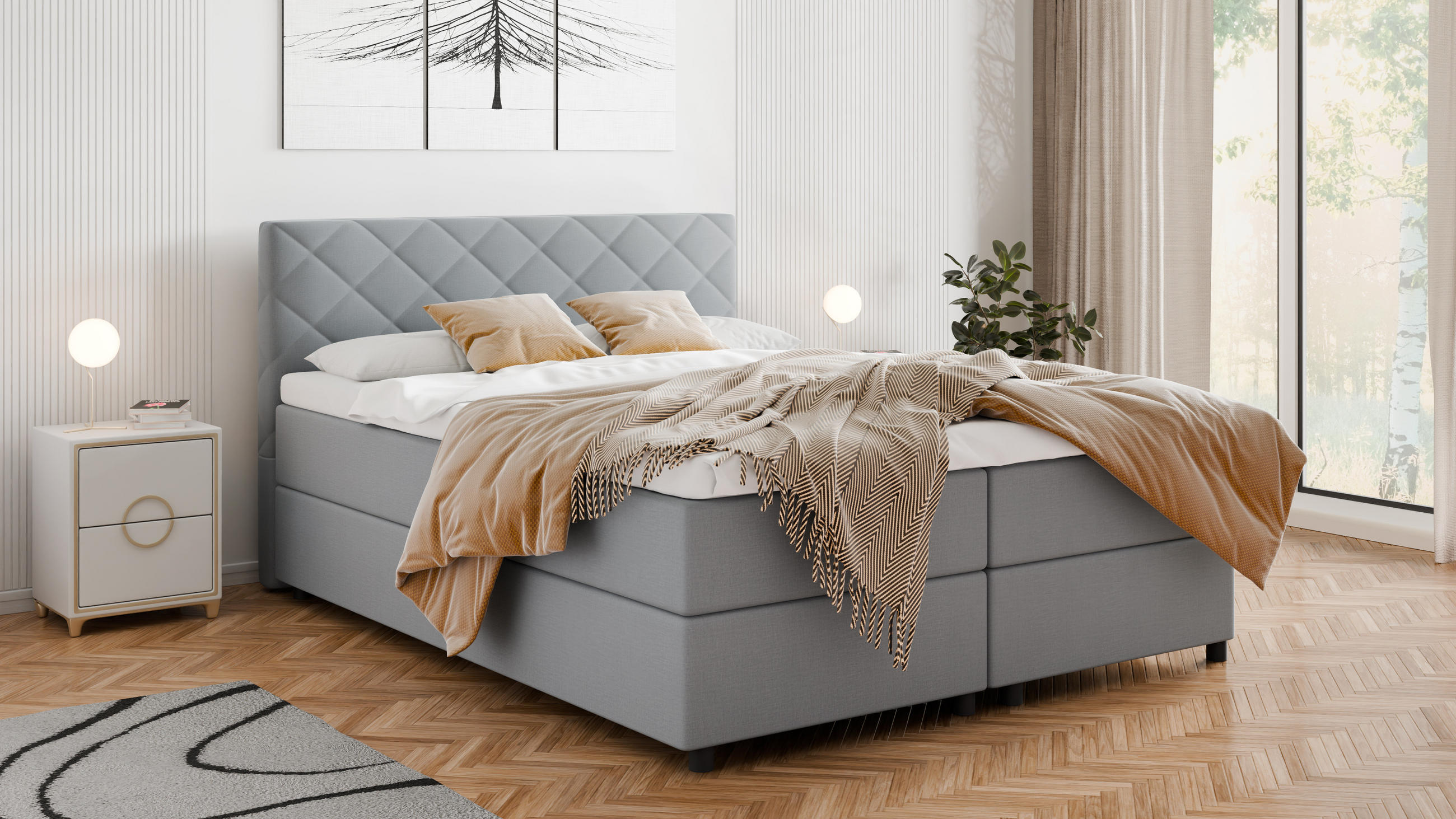 BOXBETT Diamaro 160x200 cm mit Bettkasten und Topper - Hellgrau - Hellgrau, Holz (160/200cm) - Homesy