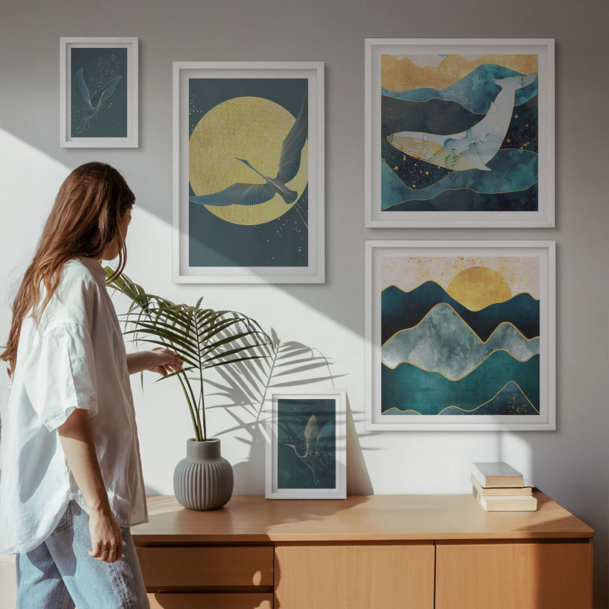 WANDBILDER 5er-Set - 50x50 cm & 20x30 cm & 40x60 cm Weißer Rahmen - Vögel, Kraniche, Mond, Berge - Weiß, Kunststoff (40/60cm) - ArtPrintCave