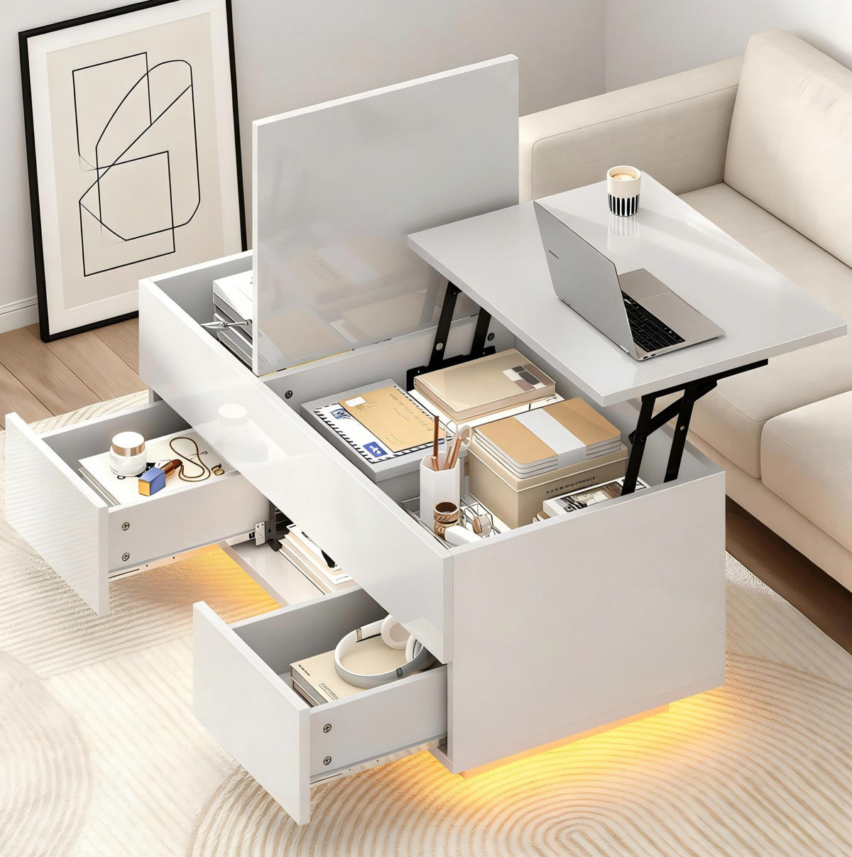 COUCHTISCH 100/45/43 cm Weiß aus Holzwerkstoff mit höhenverstellbarer Klappplatte LED und 2 Schubladen - Weiß, Holzwerkstoff (100/45/43cm) - OKWISH