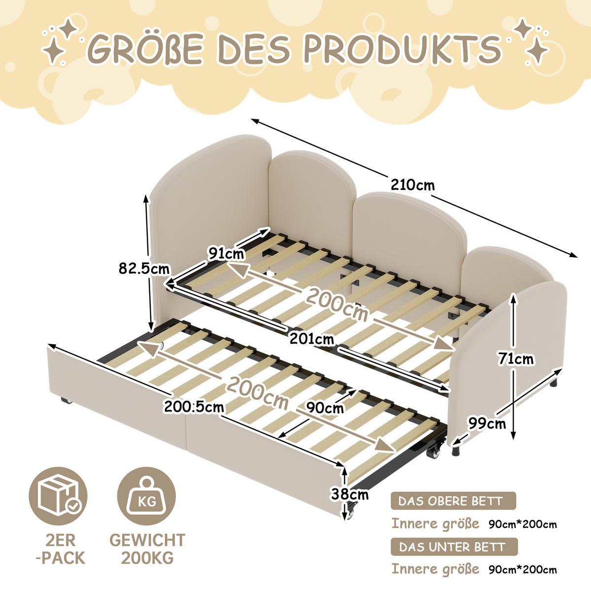 POLSTERBETT 90/200 cm Beige aus Samt und Eisen mit Schublade - Beige, Textil (90/200cm) - OKMYHOME