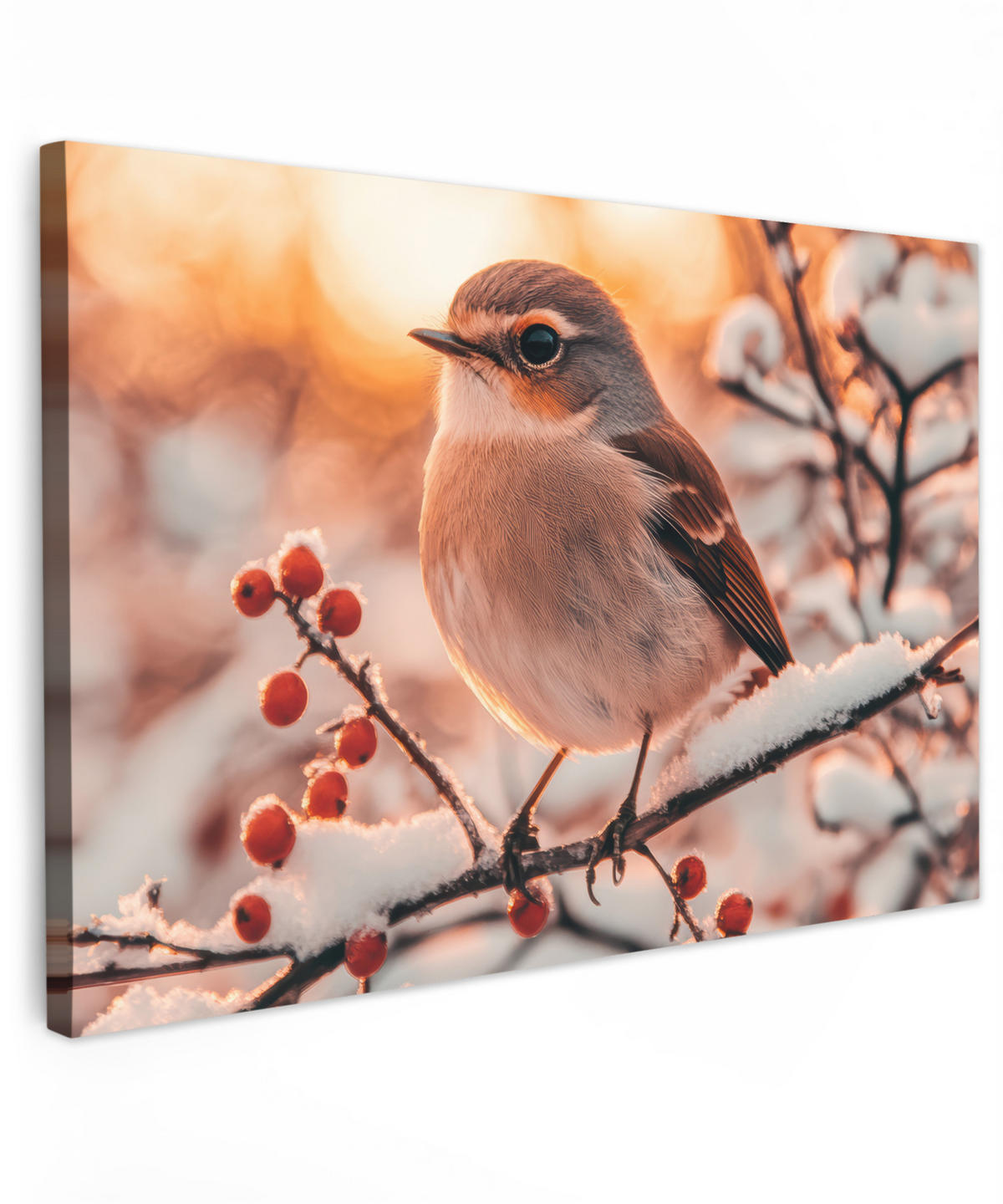 LEINWANDBILD Vogel - Zweig - Winter - Tiere - Schnee Wohnzimmer Groß 120x80 cm - Bernsteinfarben, Textil (120/80cm) - MuchoWow