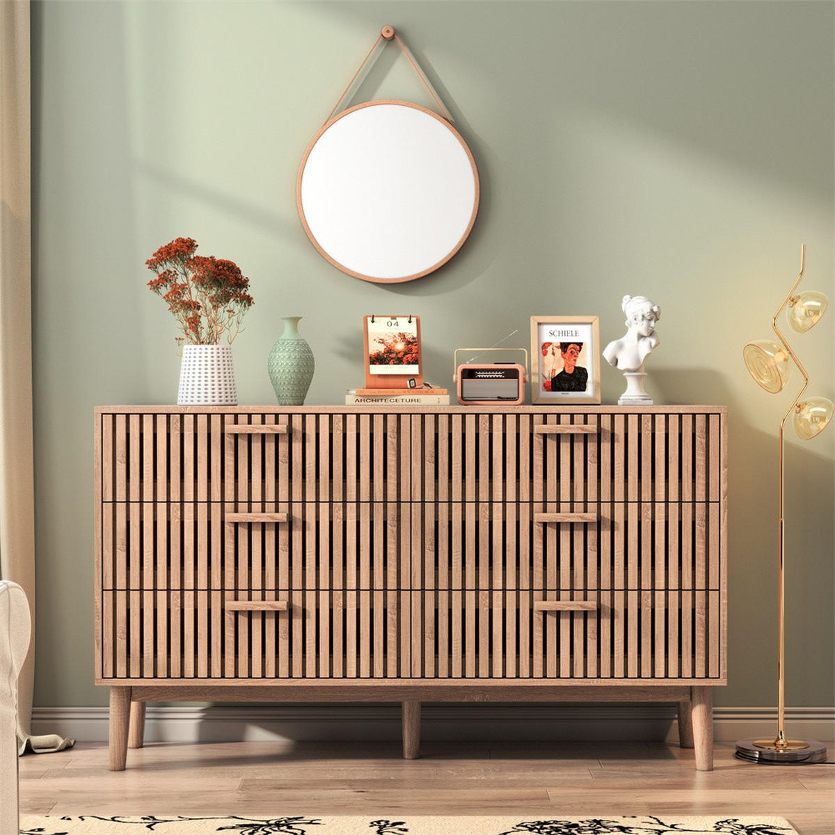 KOMMODE mit 6 Schubladen - gerillte Fronten und konische Beine - für Wohnzimmer und Schlafzimmer - Eichefarben, Holzwerkstoff (100/73/34cm) - DELFA