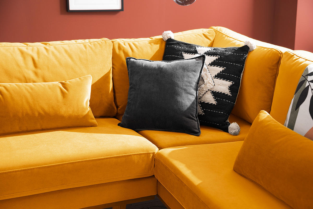 ECKSOFA mit Ottomane - Gelb/Buchefarben, Buchenholz/Textil (287/219cm) - home24