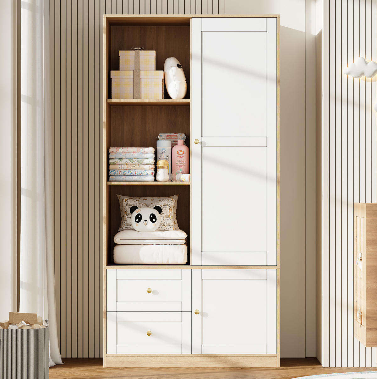 KLEIDERSCHRANK aus MDF 90x50x180 cm Natur/Weiß mit Schiebetür, Kleiderstange, Schubladen und Fächern - Naturfarben, Holzwerkstoff (90/180/50cm) - Modfu