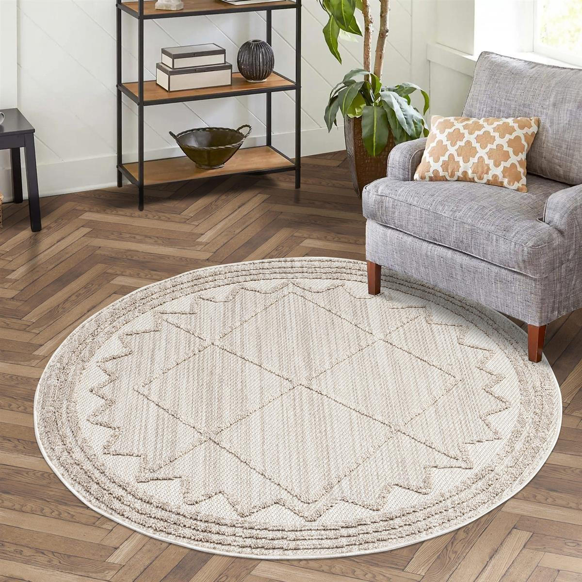 Thumbnail - carpet city Kurzflor-Teppich, Beige, Textil, Grafikmuster, Rund, 200x200 cm, Oeko-Tex® Standard 100, für Fußbodenheizung...